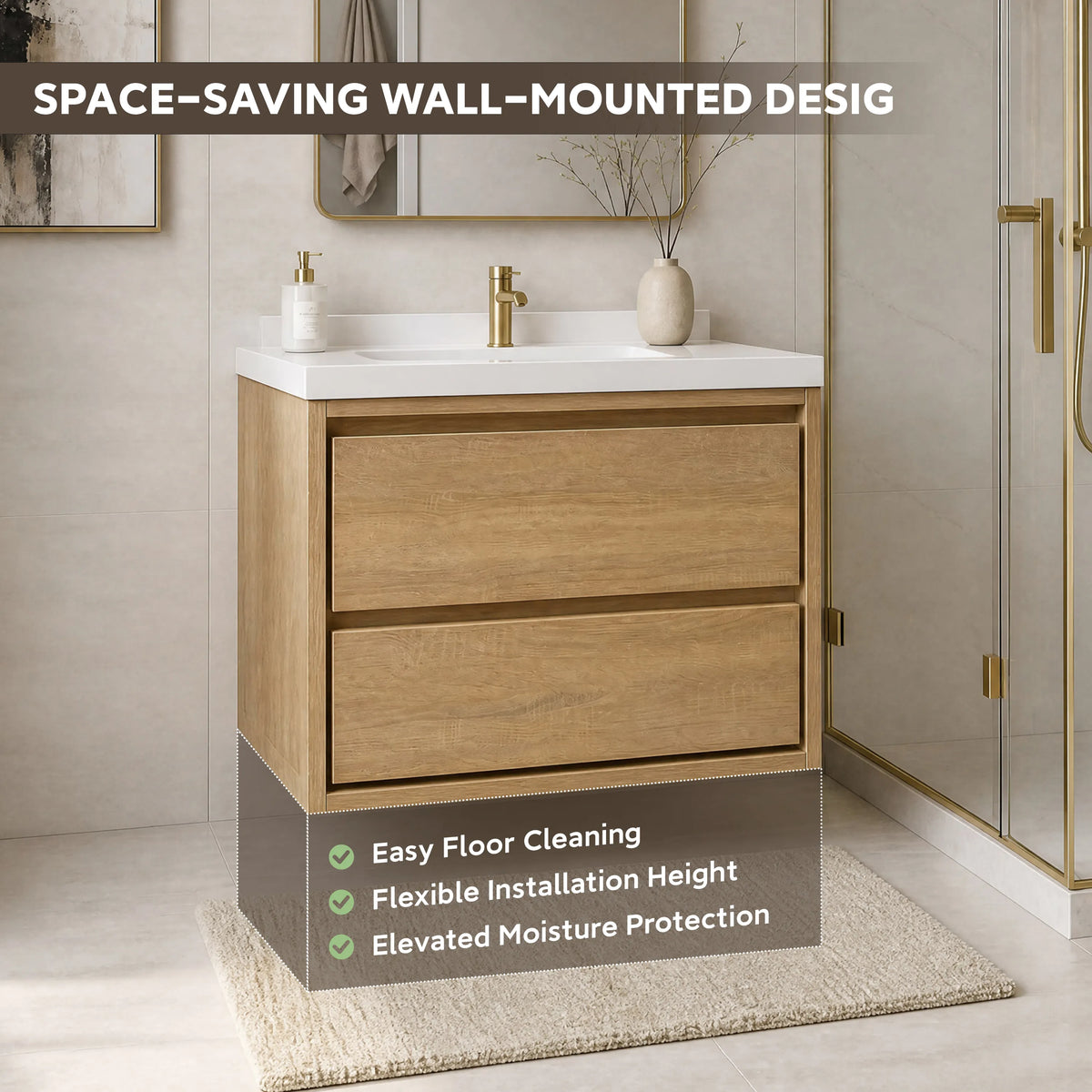 30" Wall-mount Single Sink Bathroom Vanity with Marble Top