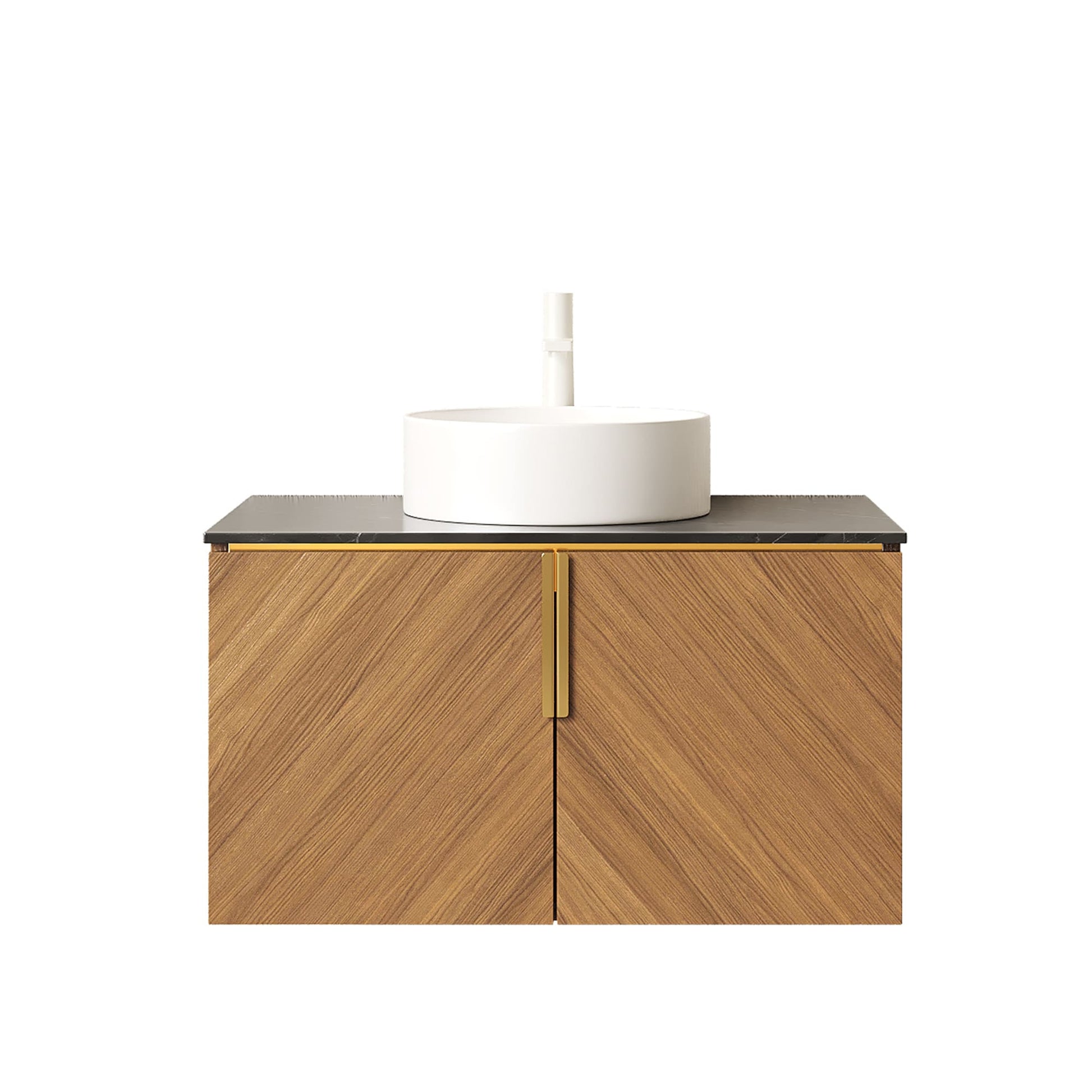 30 in. / 60 in. Floating Bathroom Vanity with Black Sintered Stone Top and Round Ceramic Vessel Sink, Brown Oak Woodgrain