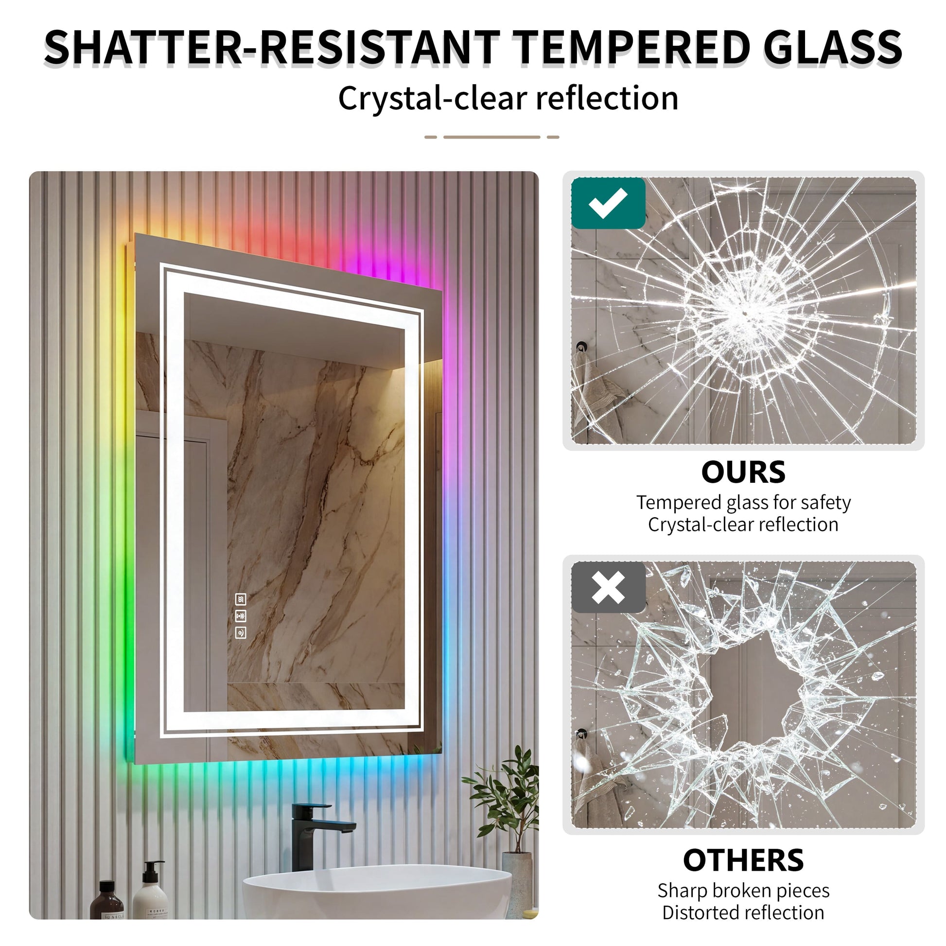 RGB Smart Control Backlit Bathroom Mirror with Dimmable Touch, Anti Fog