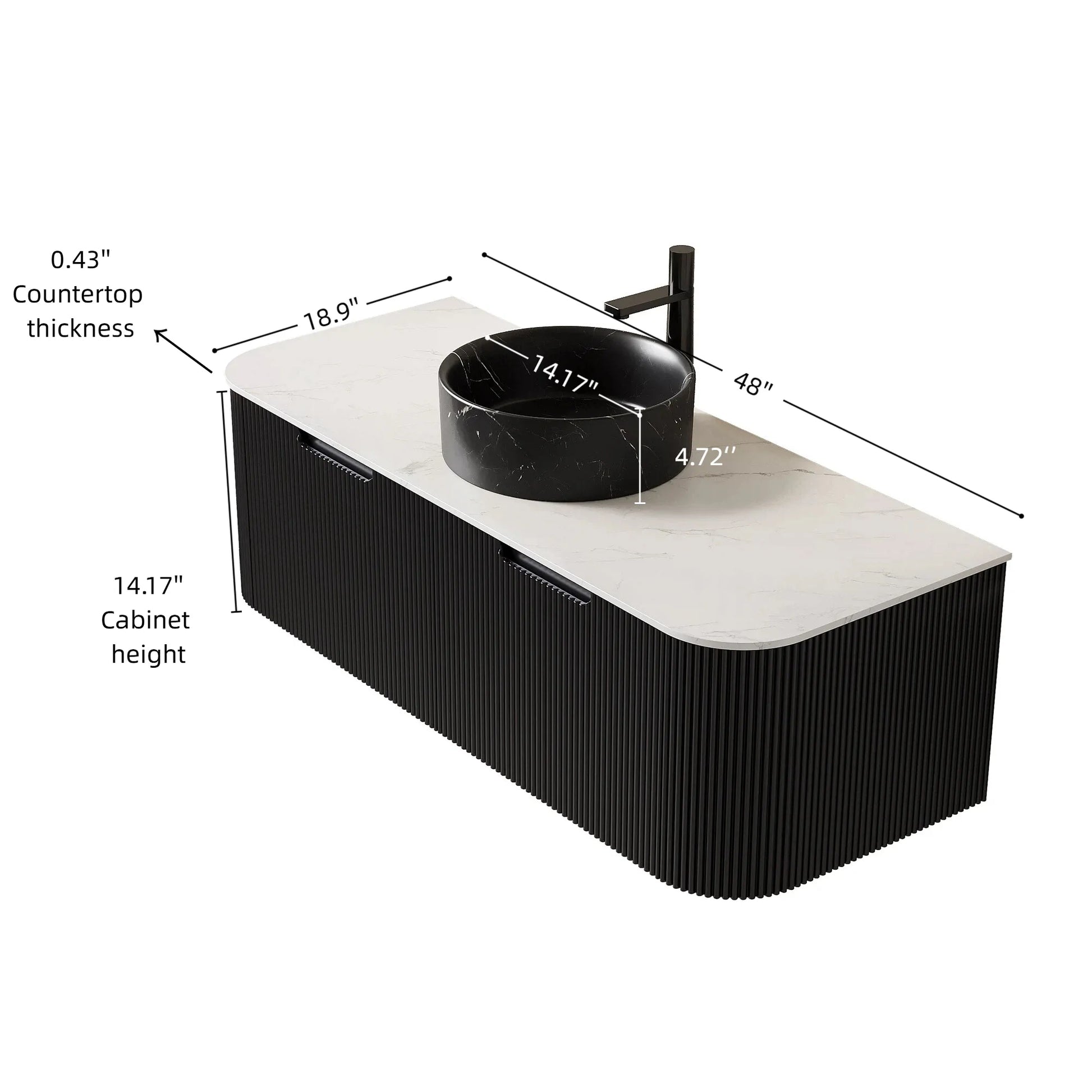 48" Black Floating Bathroom Vanity with Stone-Pattern Ceramic Vessel Sink and Carrara White Sintered Stone Top