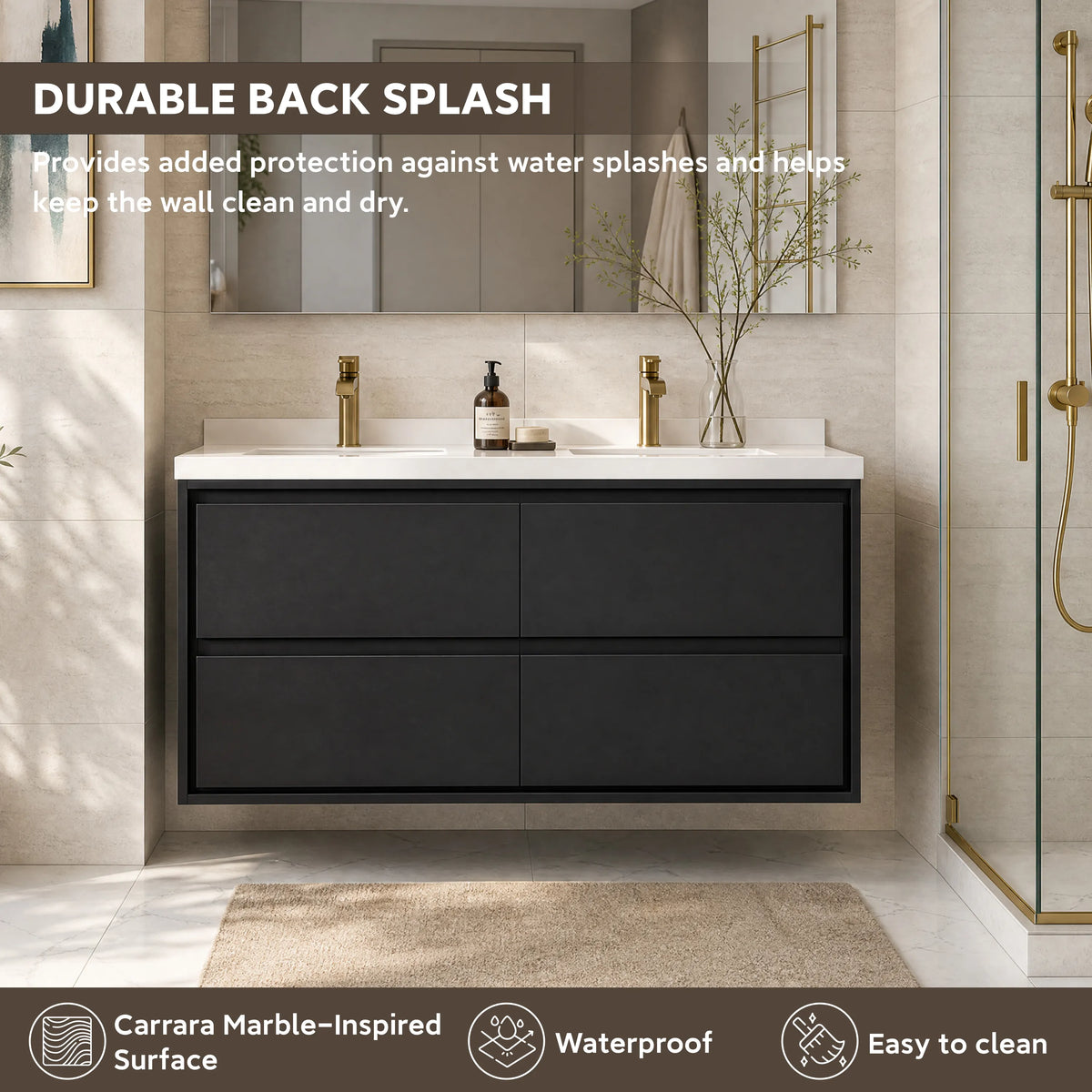 48" Matte Black Wall-mount Bathroom Vanity with Double Sink & Marble Top