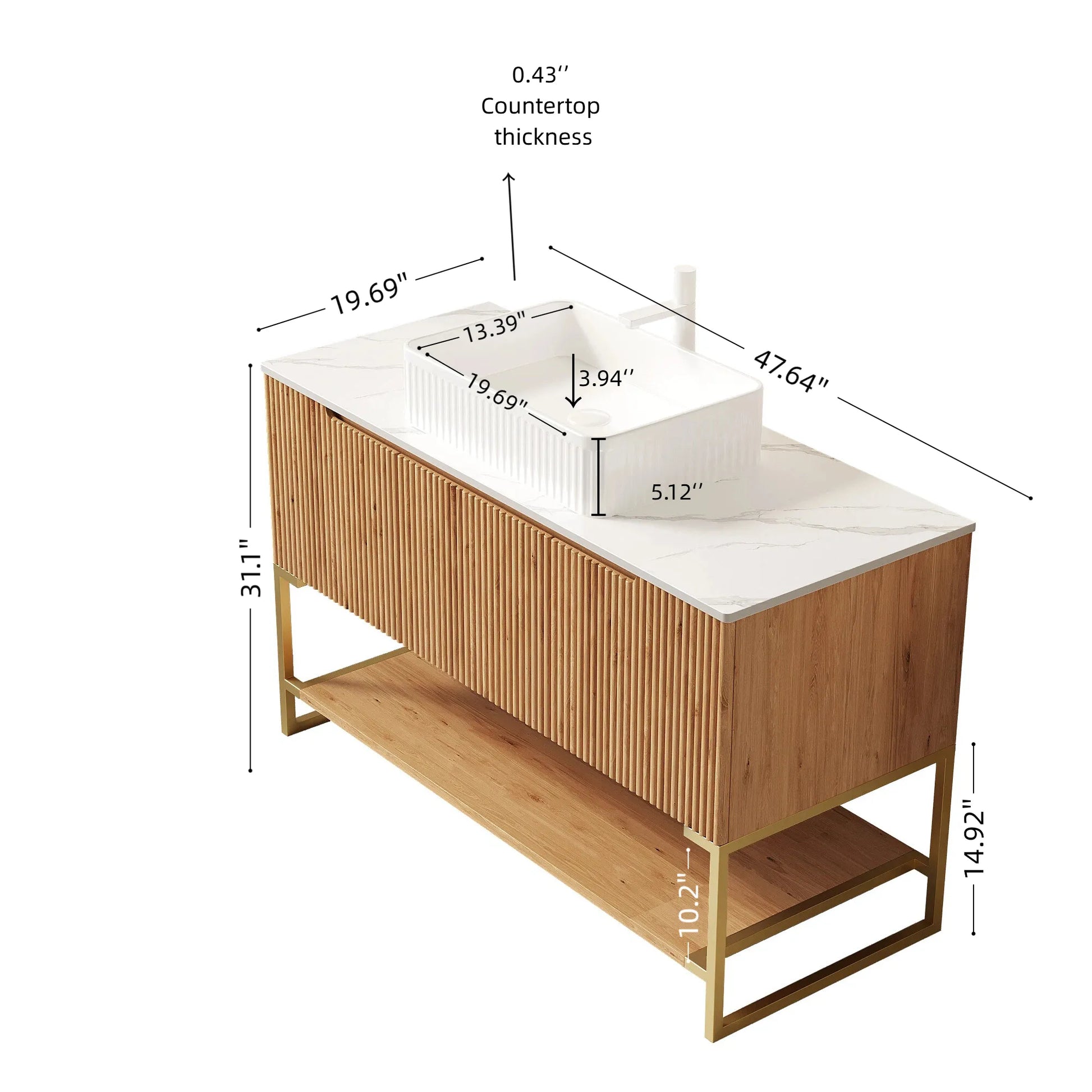 48" Woodgrain Freestanding Bathroom Vanity with White Ceramic Vessel Sink and Carrara White Sintered Stone Top