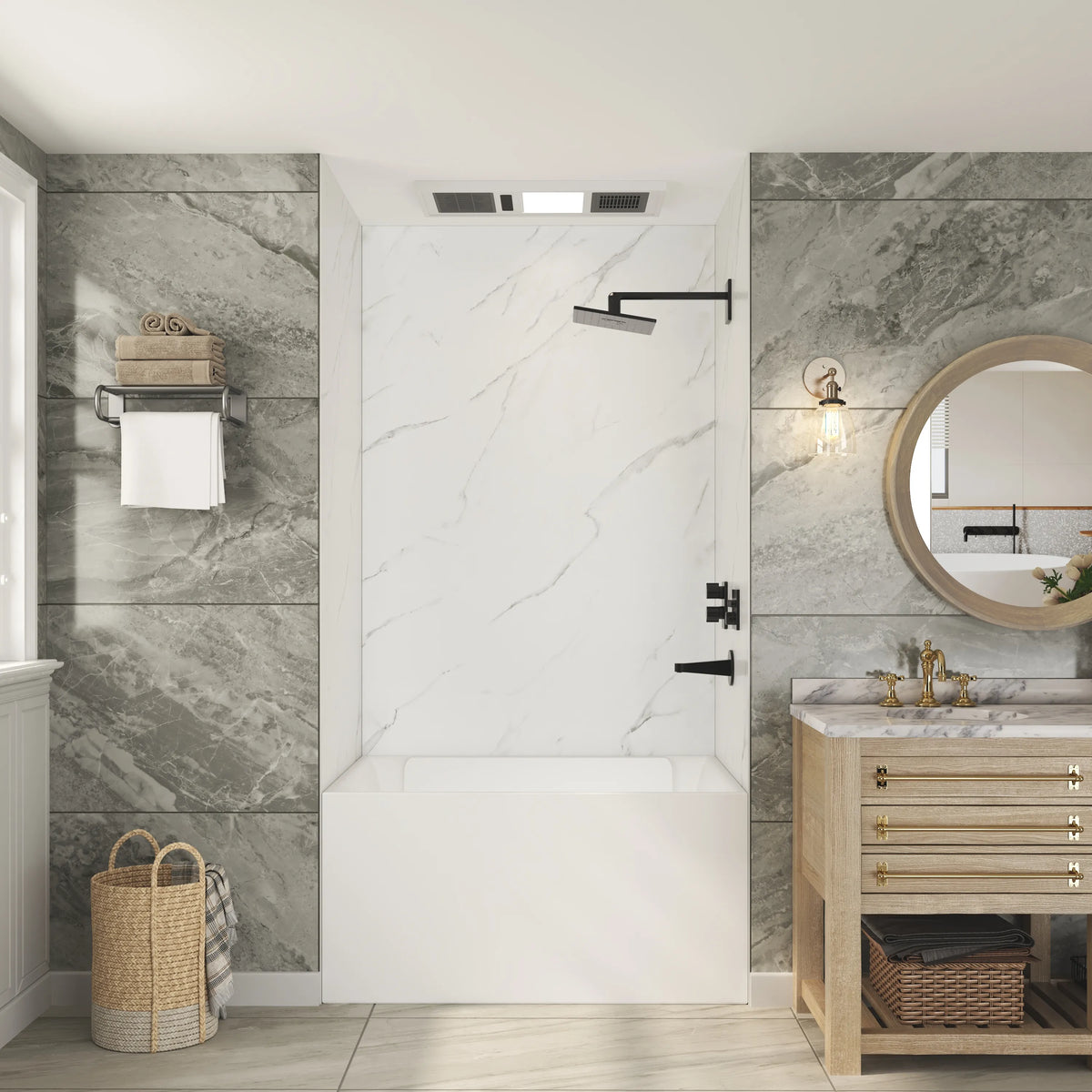 48"x36"x96" Calacatta/Cararra White SMC Shower Wall Panel System, Waterproof Grout-Free Shower Surround