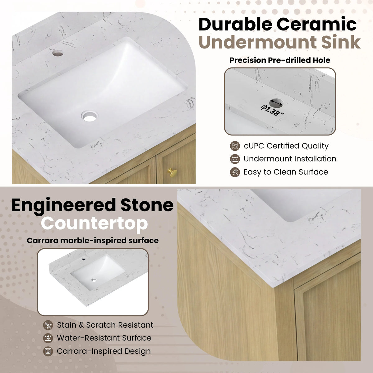 54" Light Oak Freestanding Bathroom Vanity with Double Sink & Marble Top