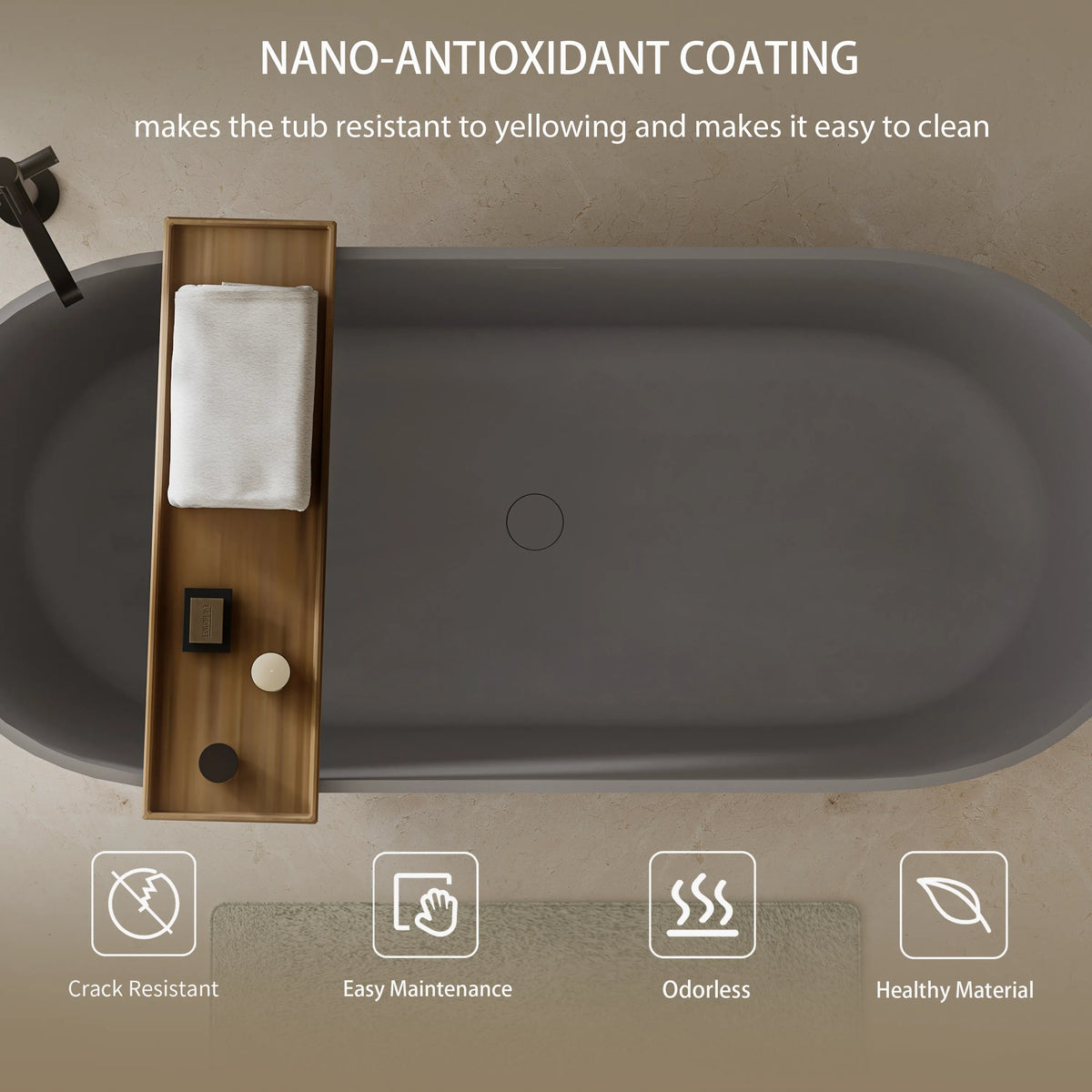 59" Matte Gray Solid Surface Freestanding Soaking Bathtub with Overflow & Pop-Up Drain
