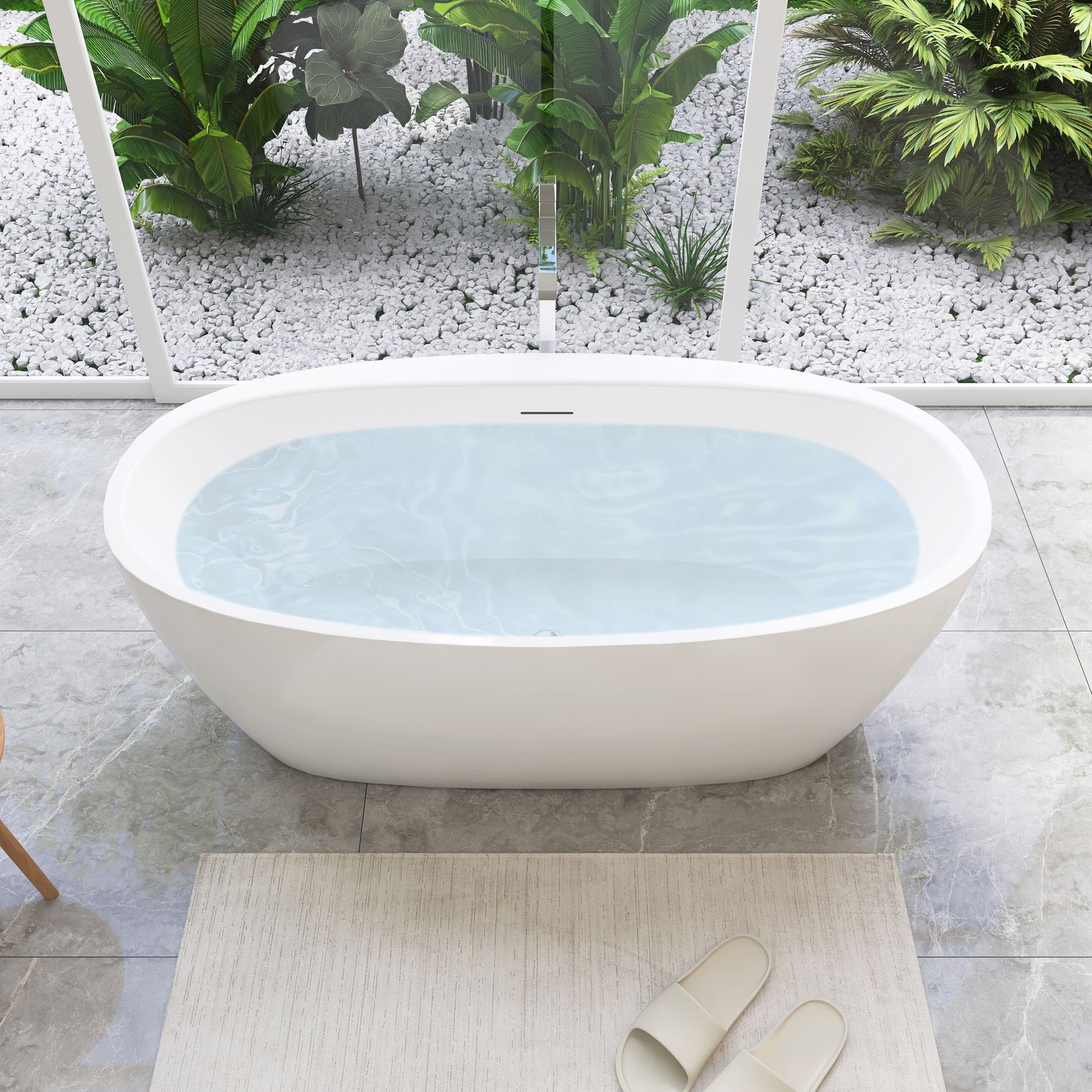 59 in./67 in. Glossy White Acrylic Freestanding Soaking Bathtub with Faucet Deck, Overflow and Adjustable Feet
