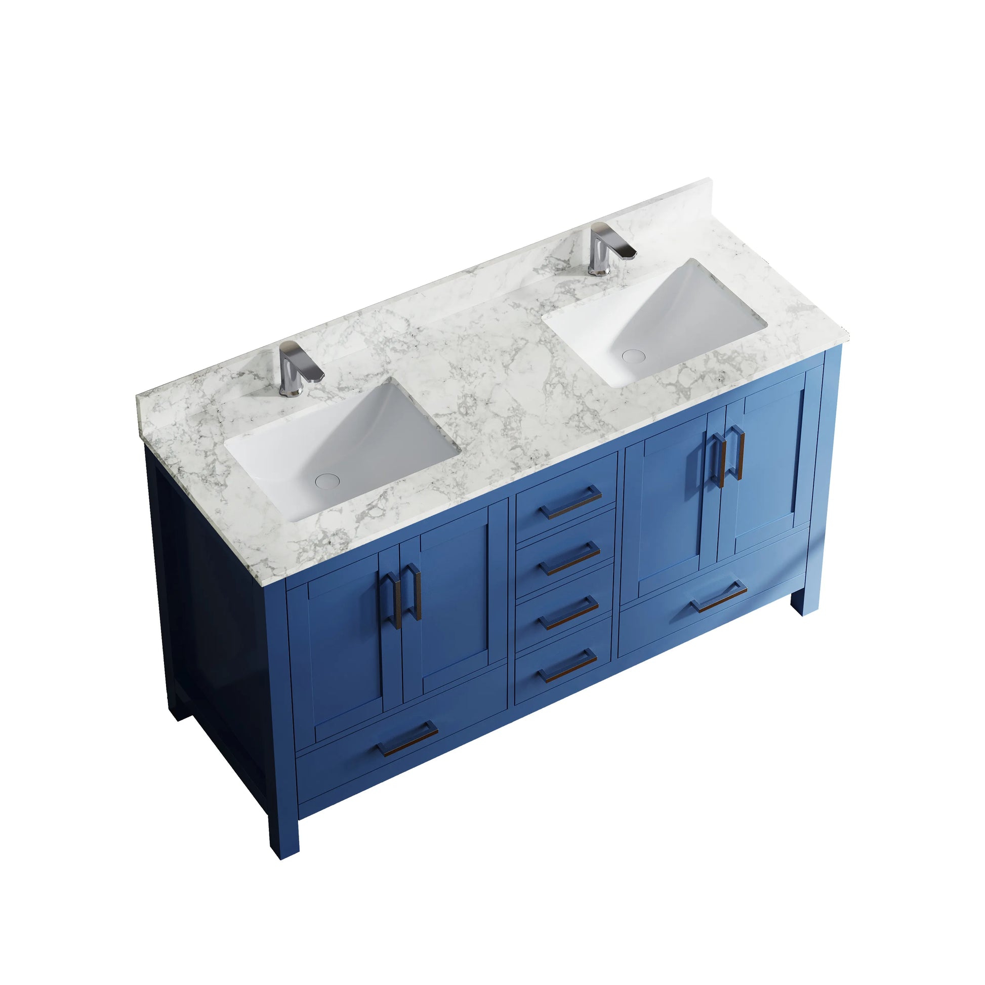 60"/84" Navy Blue Double Sink Bathroom Vanity with White Marble-Pattern Top