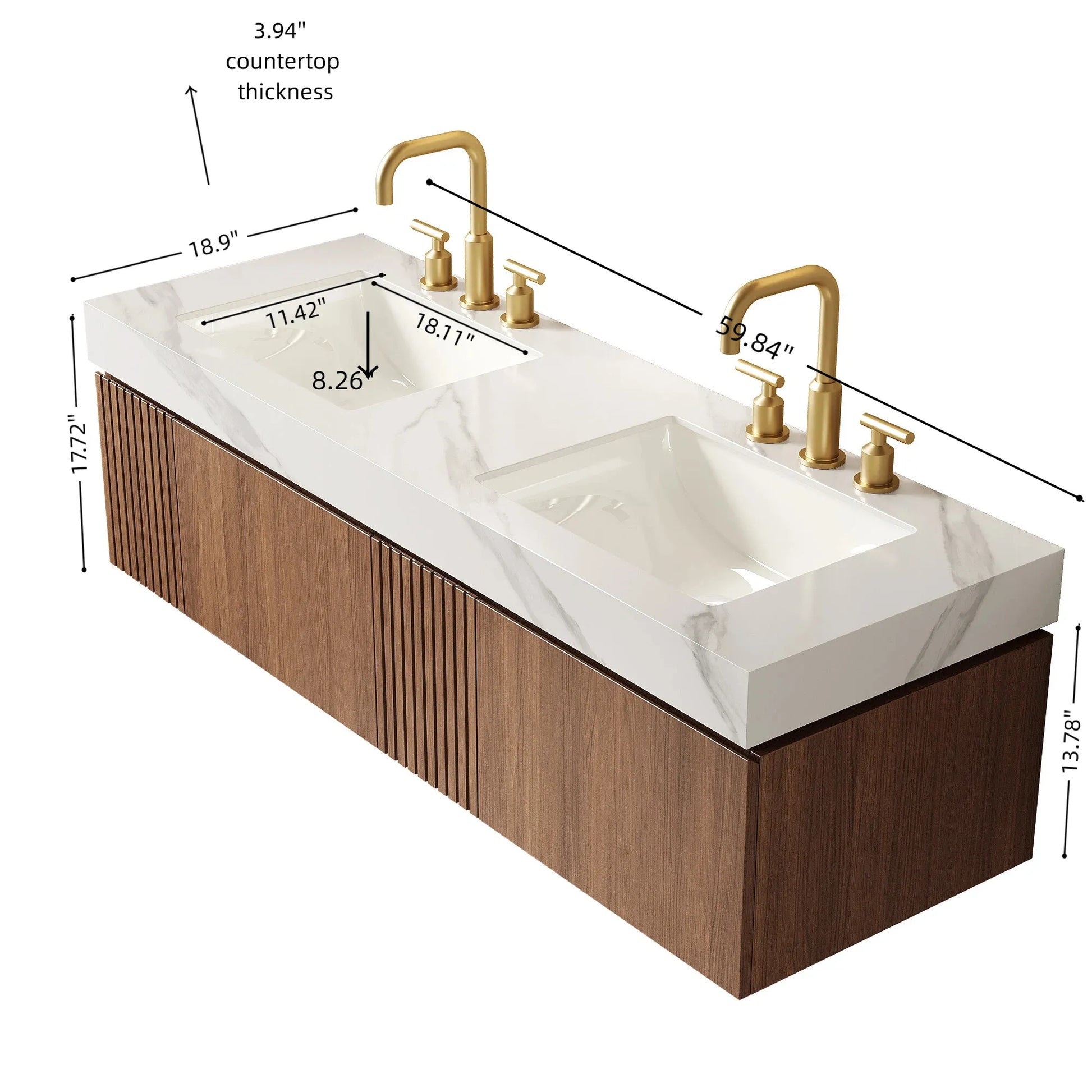 60" Brown Oak Floating Bathroom Vanity with Carrara White Sintered Stone Top and Double Ceramic Sinks