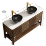 60" Dark Walnut Freestanding Bathroom Vanity with Double Black Stone-Pattern Vessel Sinks and Carrara White Sintered Stone Top