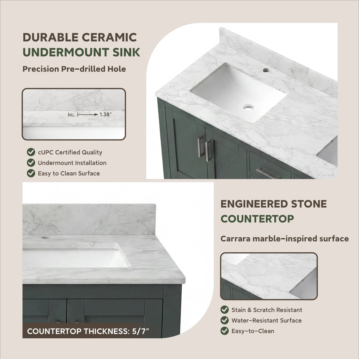 60" Deep Olive Green Double Sink Bathroom Vanity with Engineering Stone Top & 2 Basins