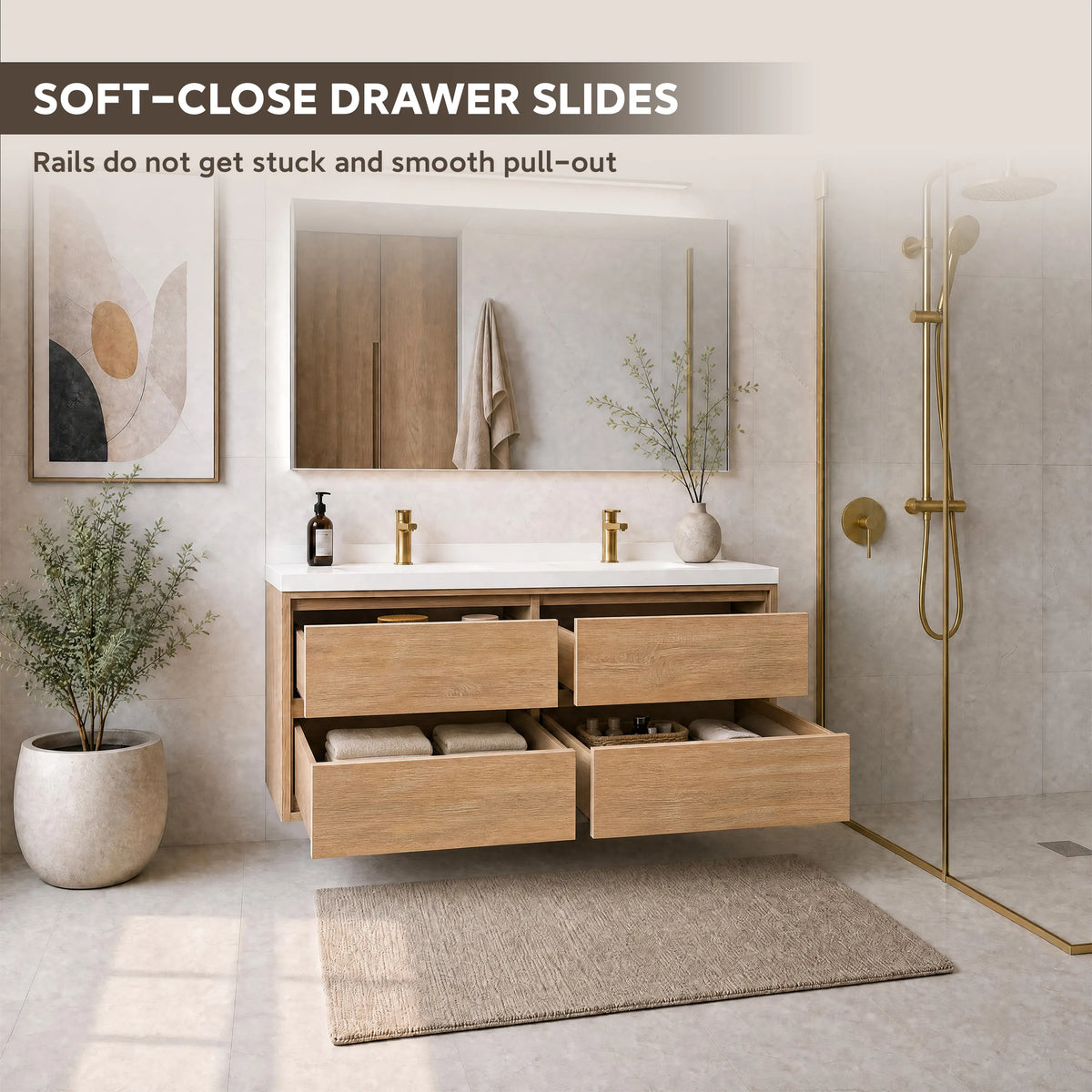 60" Wall-mount Double Sink Bathroom Vanity with Marble Top