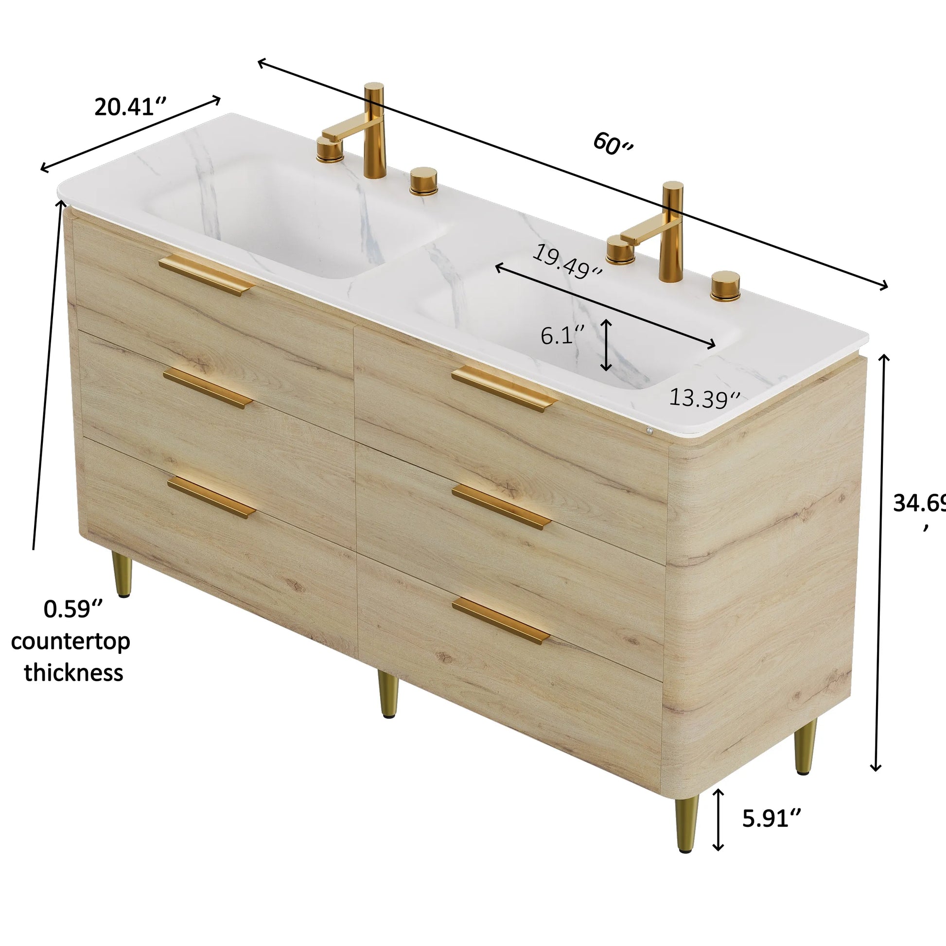60" White Oak Freestanding Bathroom Vanity with Carrara White Sintered Stone Integrated Basin and LED Sensor Light