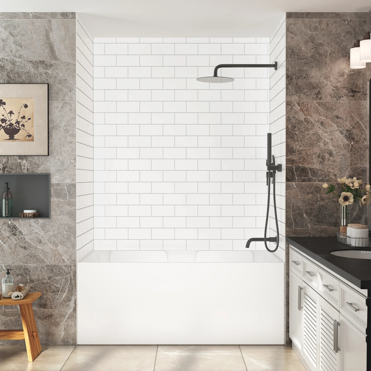60"x32"x96" Matte/Glossy Surface SMC Shower Wall Panel Kit with Small Subway Tile Pattern