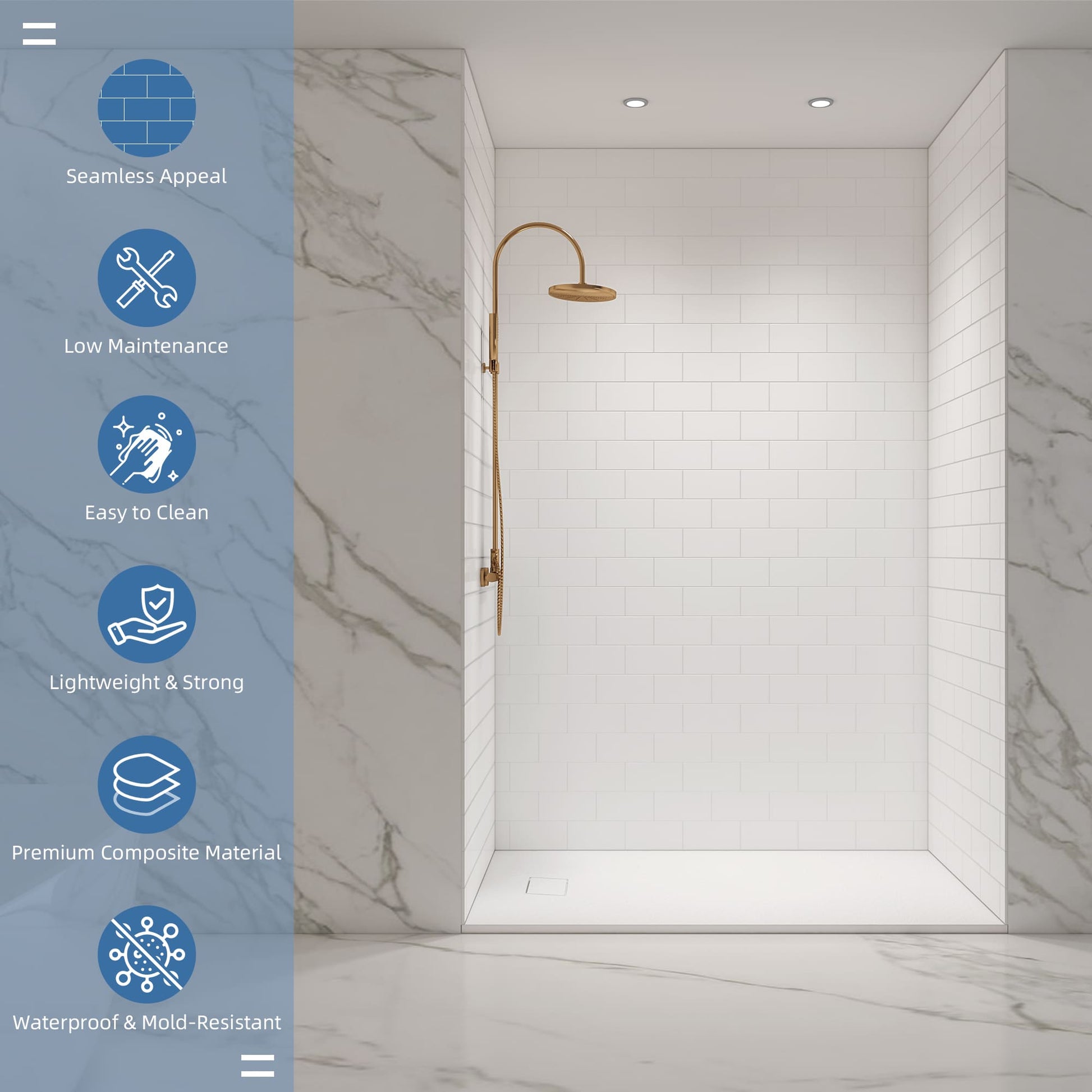 60"x32"x96" SMC Shower Wall Panel Kit with Small Subway Tile Pattern with Matte White / Glossy White Finish