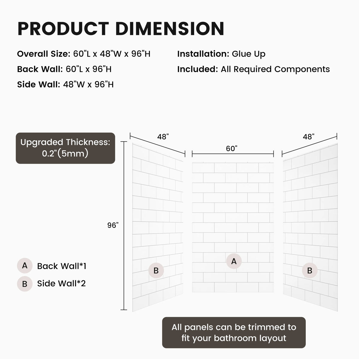 60"x36"/48"x96" Medium Tile Pattern SMC Shower Wall Panel System in 4 Finishes