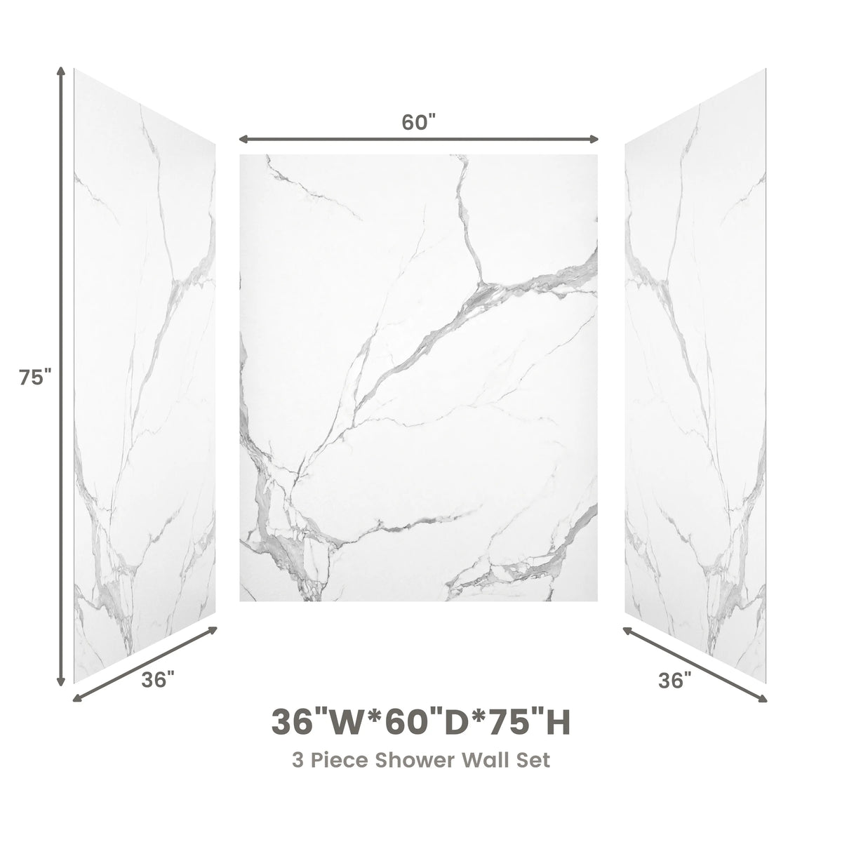 60"x36"x75"/96" Matte White with Marble Texture SMC Shower Wall Panel Kit