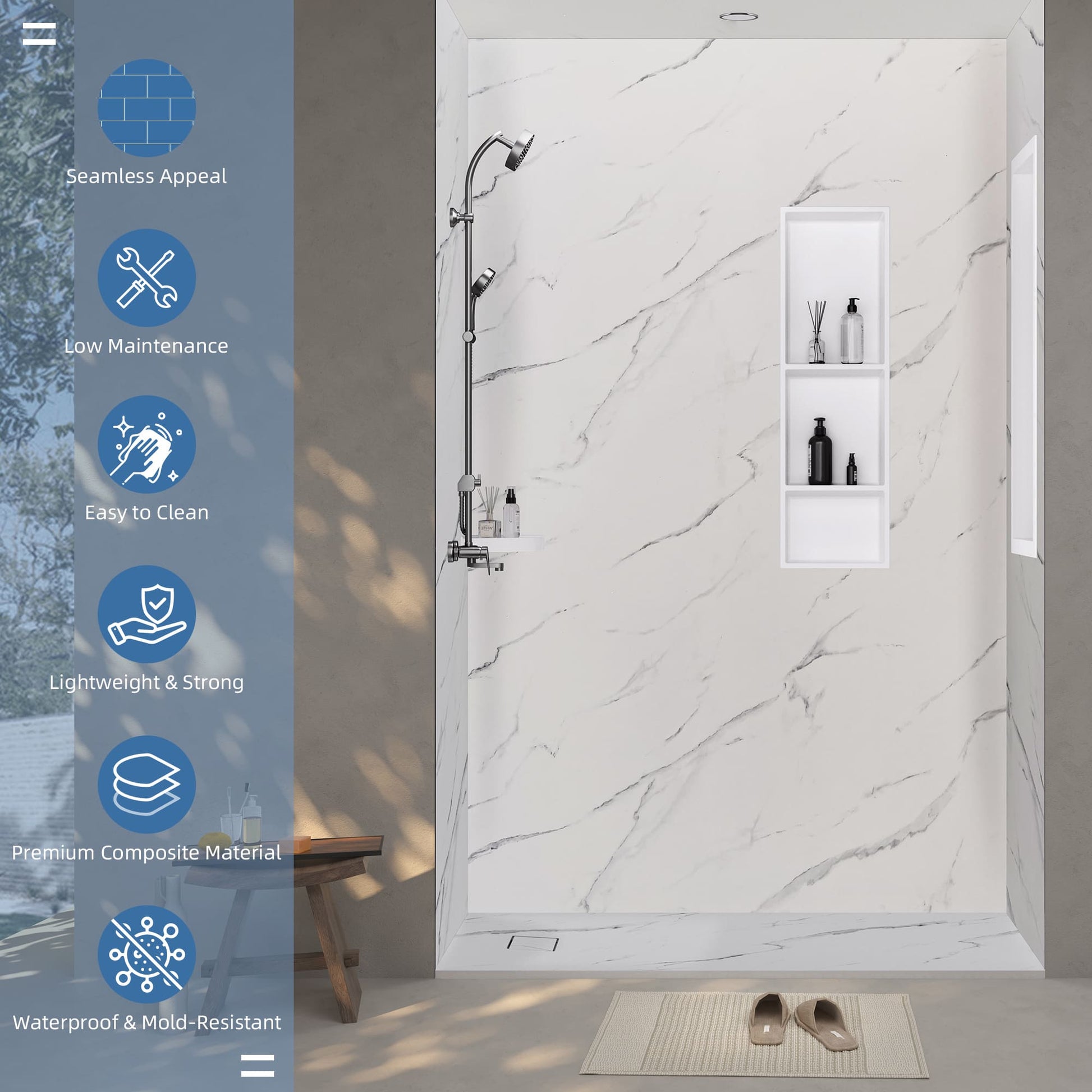 60"x36"x96" SMC Shower Wall Panel Kit in Calacatta/Carrara Finish with Grout-Free Matte Surface