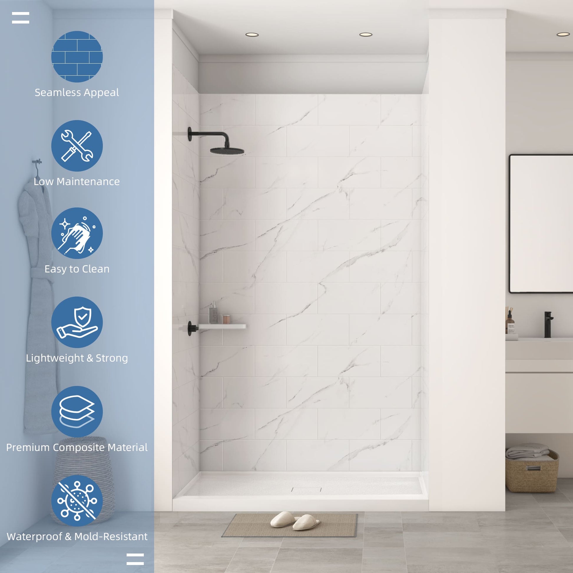 60"x36"x96" SMC Shower Wall Panel Kit with Medium Subway Tile Pattern with Calacatta Matte Finish