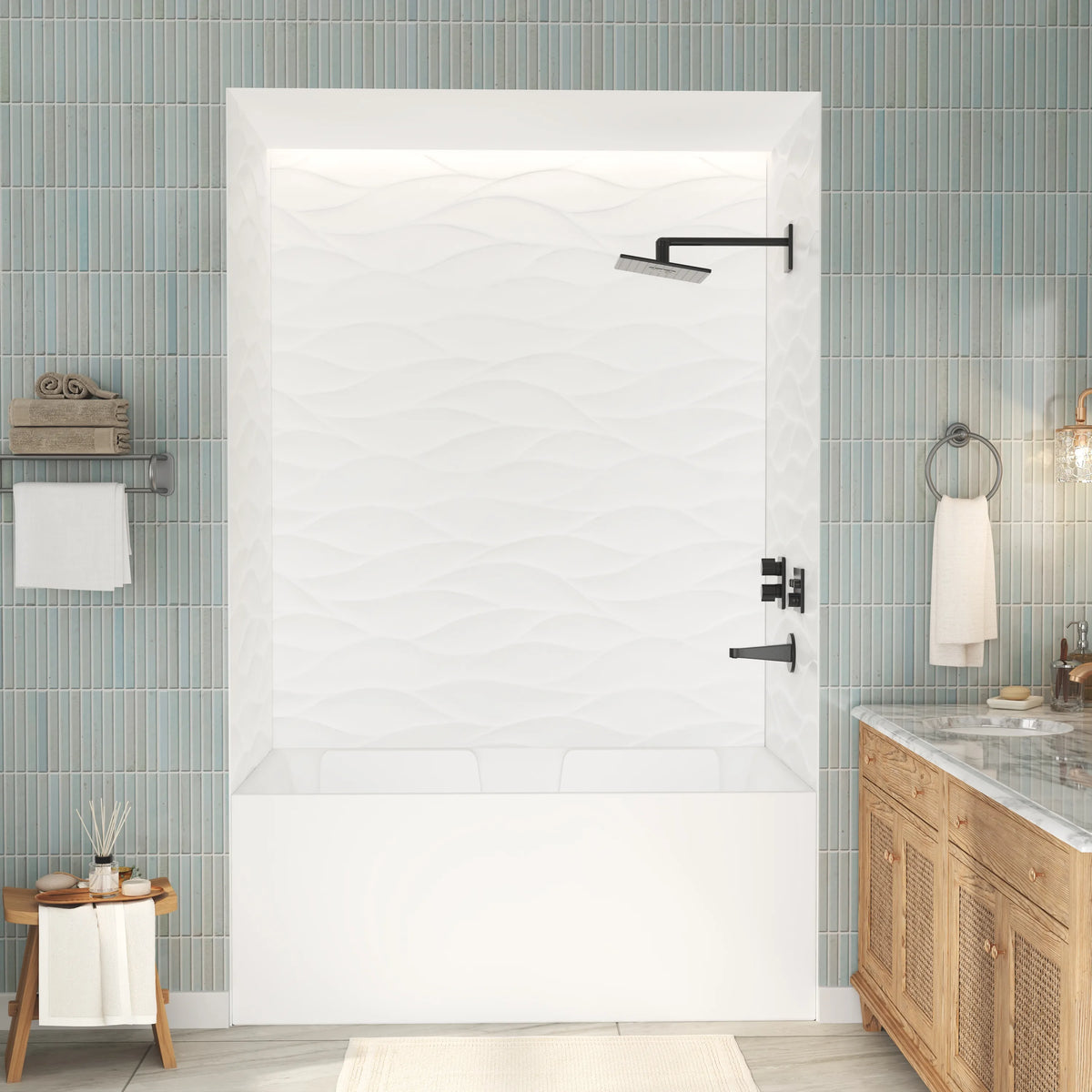 60"x36"x96" White SMC Shower Wall Panel Kit with Wave Texture, Waterproof Grout-Free Design