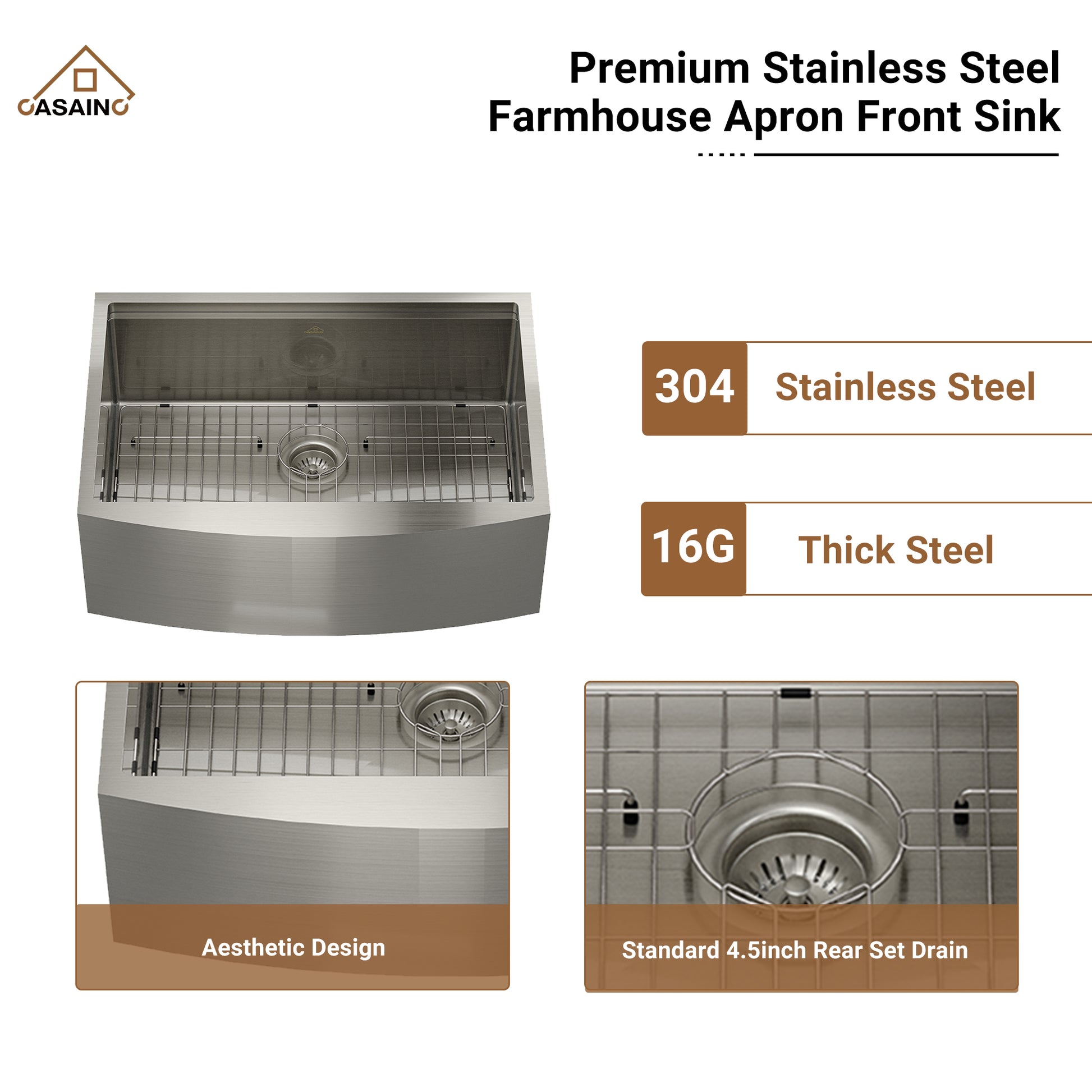 Farmhouse Stainless Steel 30/33/36 inch Single Bowl Kitchen Sink in Brushed