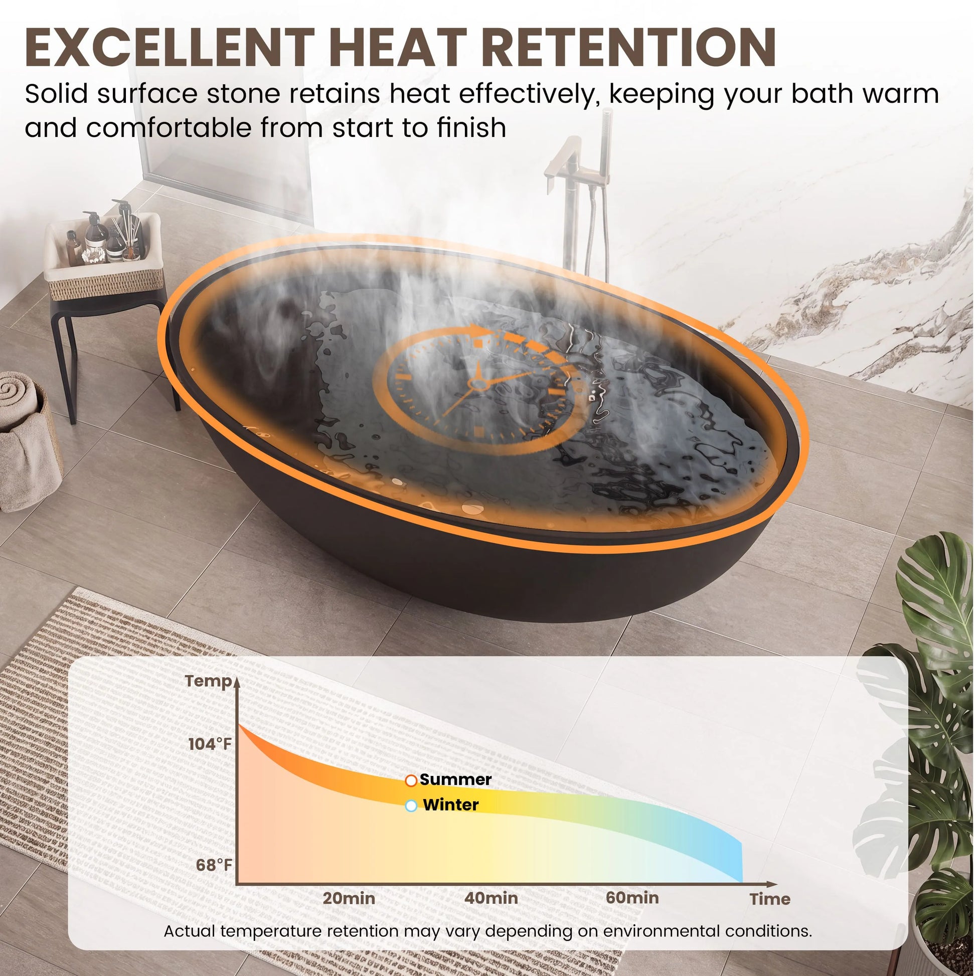 67" Matte Black Oval Solid Surface Freestanding Bathtub with Overflow and Central Drain
