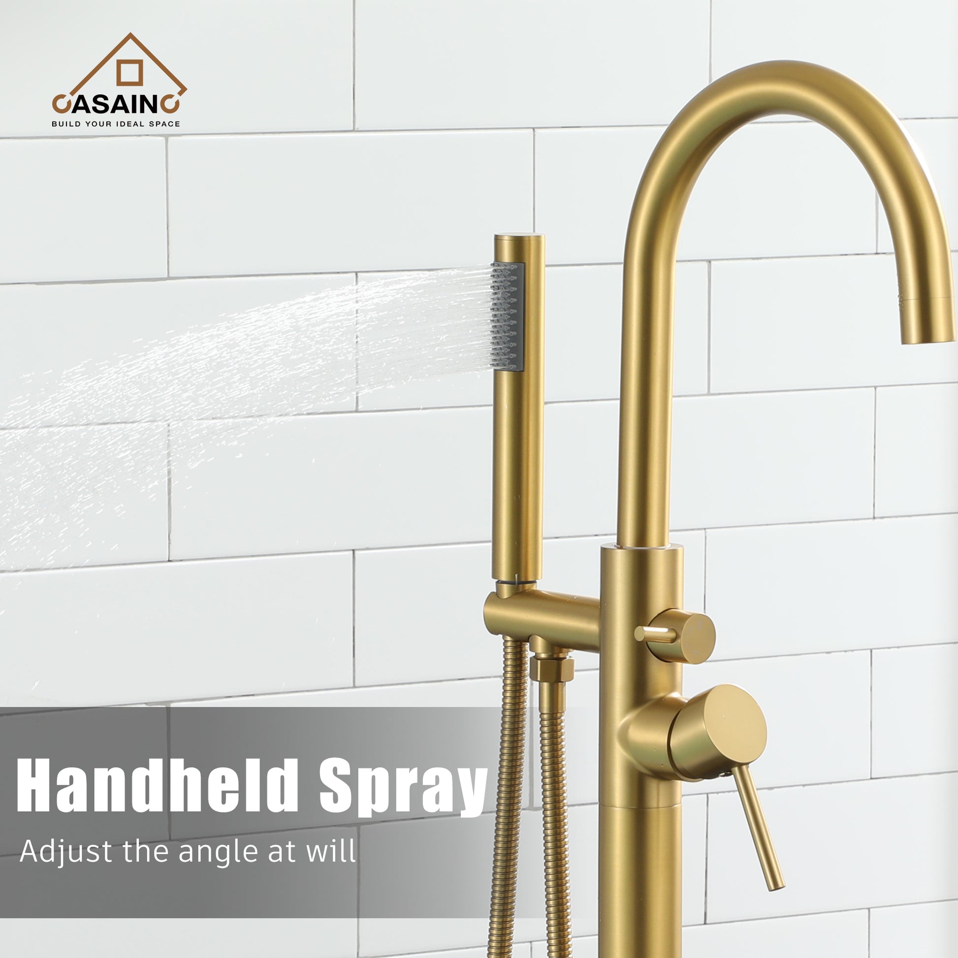 Freestanding Bathtub Faucet with Hand Shower in Brushed Brass