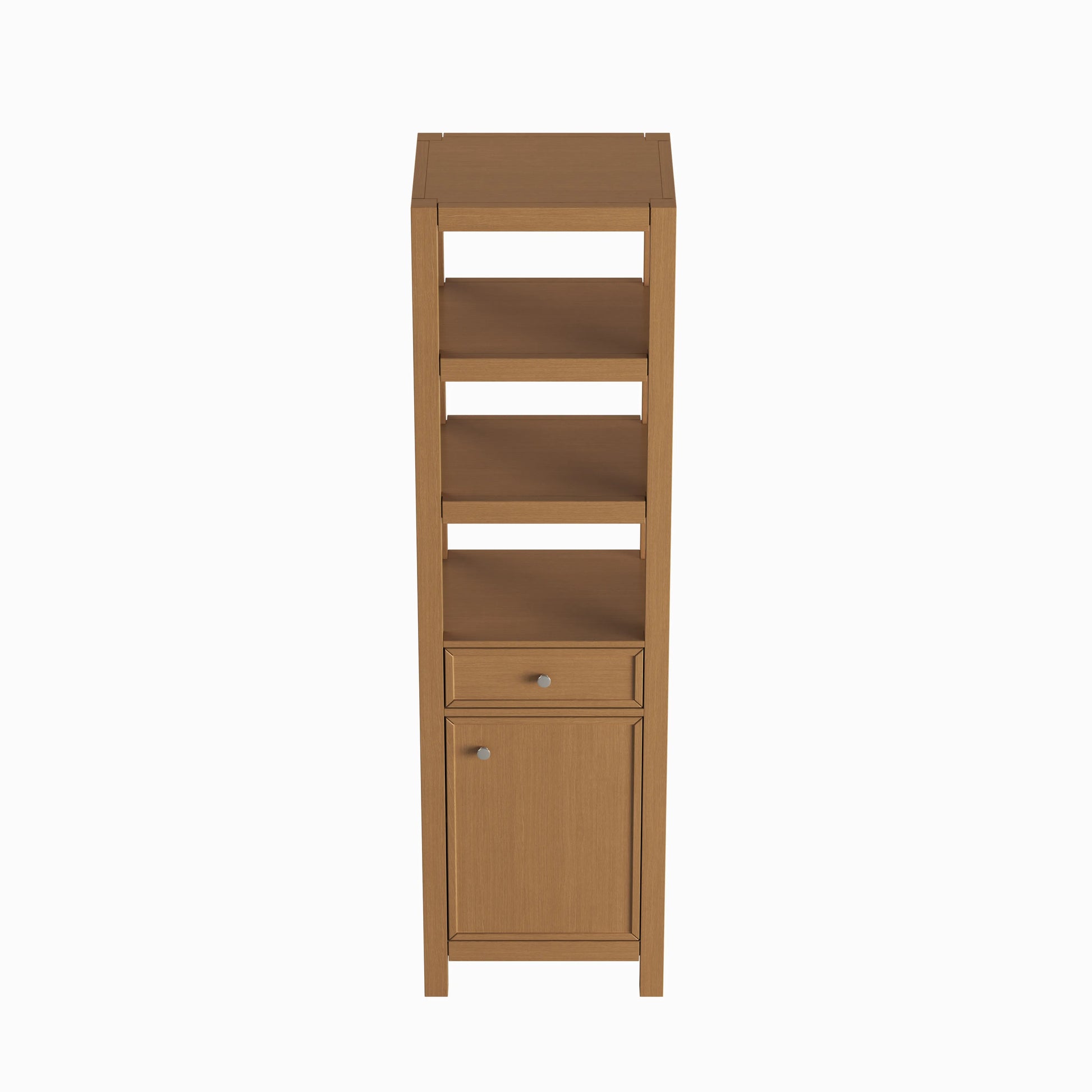 71" Height White Oak Grain Tall Bathroom Side Cabinet with Open Shelves and Drawer