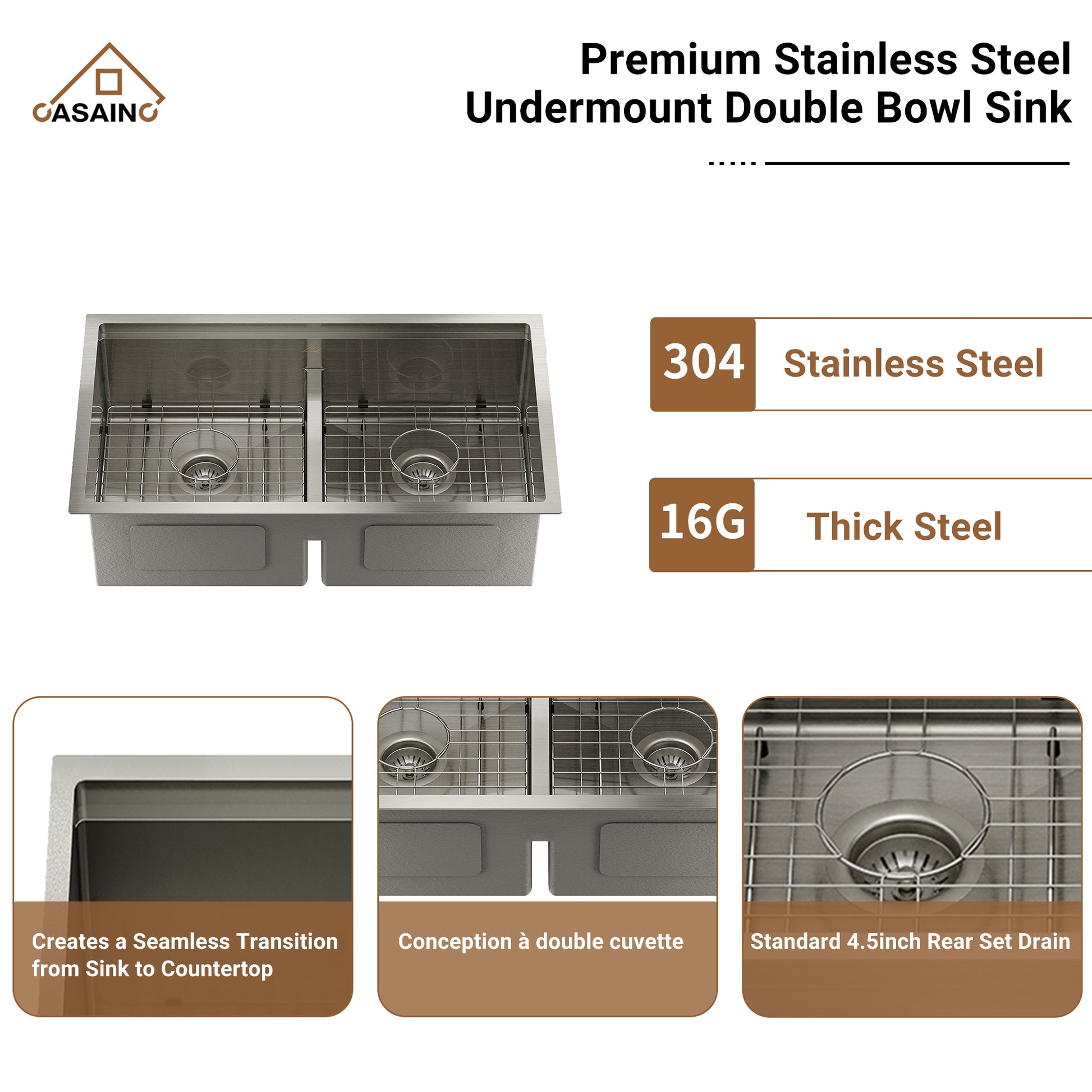 Casainc Undermount Stainless Steel 33-inch Double Bowl Kitchen Sink in Brushed
