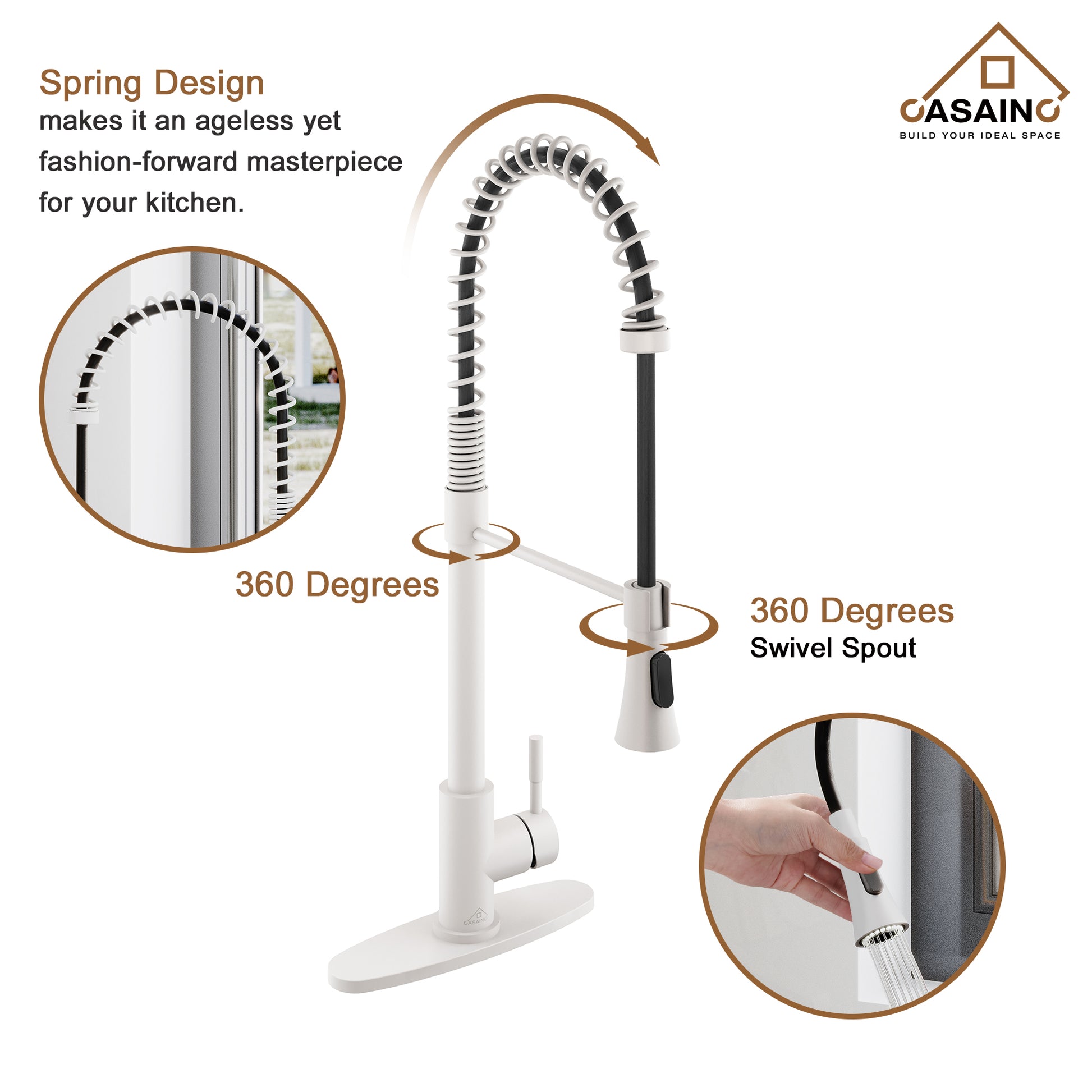 CASAINC 1.8GPM Modern Spring Pull Down Sprayer Kitchen Faucet with Dual-Function Spray Head and Deck Plate, in Brushed Nickel and More