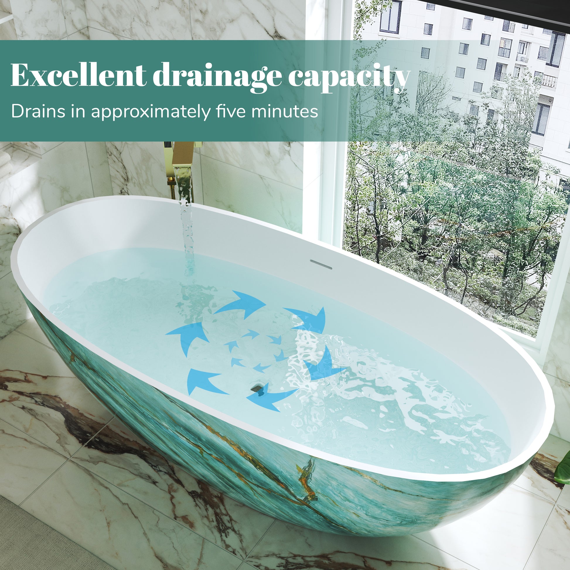 65" Freestanding Oval Solid Surface Soaking Bathtub in Emerald-Green with Center Drain & Overflow