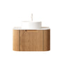 Floating Bathroom Vanity with Curved Edges, Fluted Drawer Fronts, Carrara Sintered Stone Top and Round Ceramic Vessel Sink, Natural Woodgrain / Dark Walnut