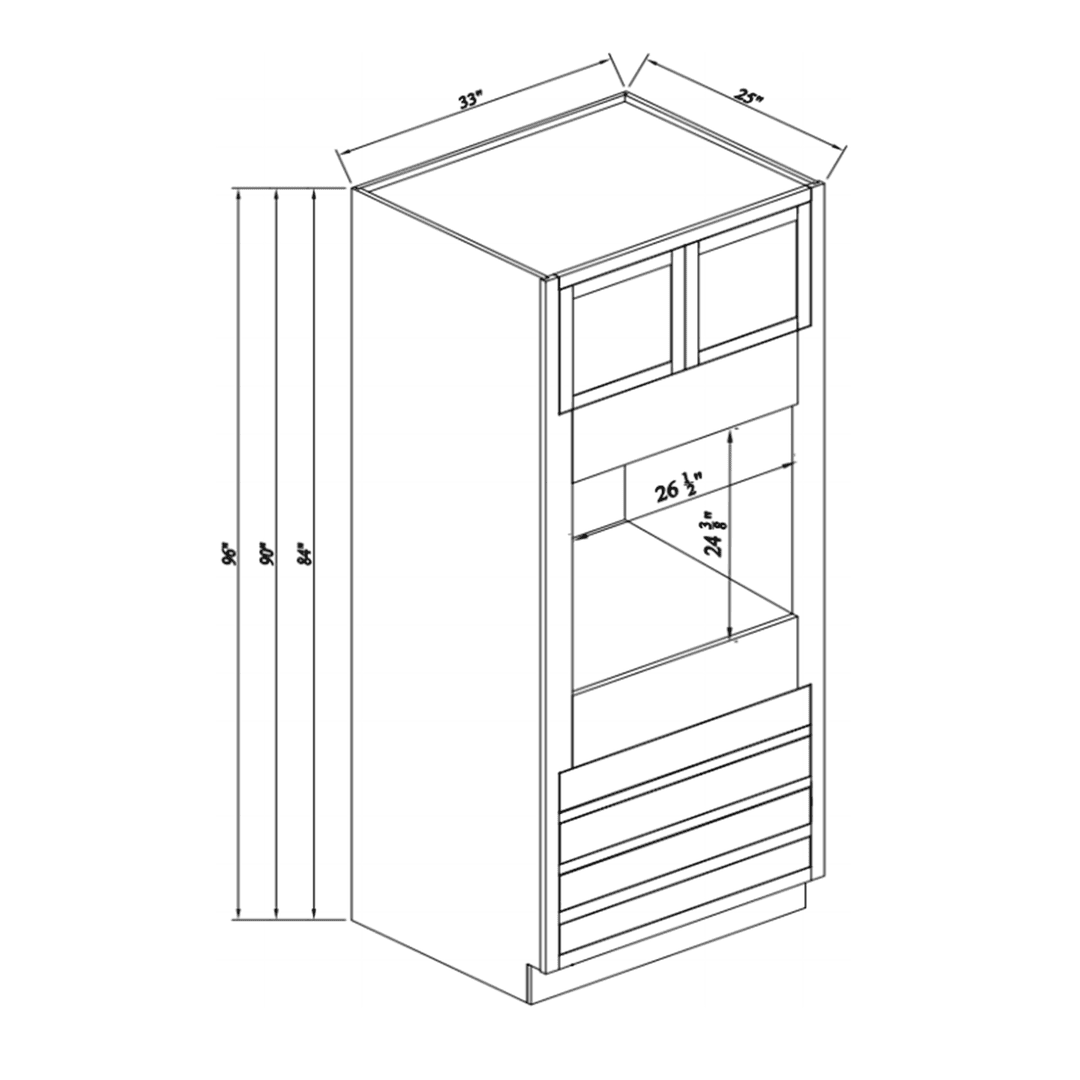 Inset Origami White RTA 33"W x 84-96"H x 25"D 3-Size Pantry Cabinet with Oven Opening, 4 Drawers and 2 Doors