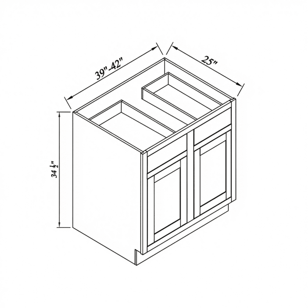 Inset Origami White RTA 39-42"W x 34.5"H x 25"D 2-Size Double Drawers Base Cabinet with 2 Doors