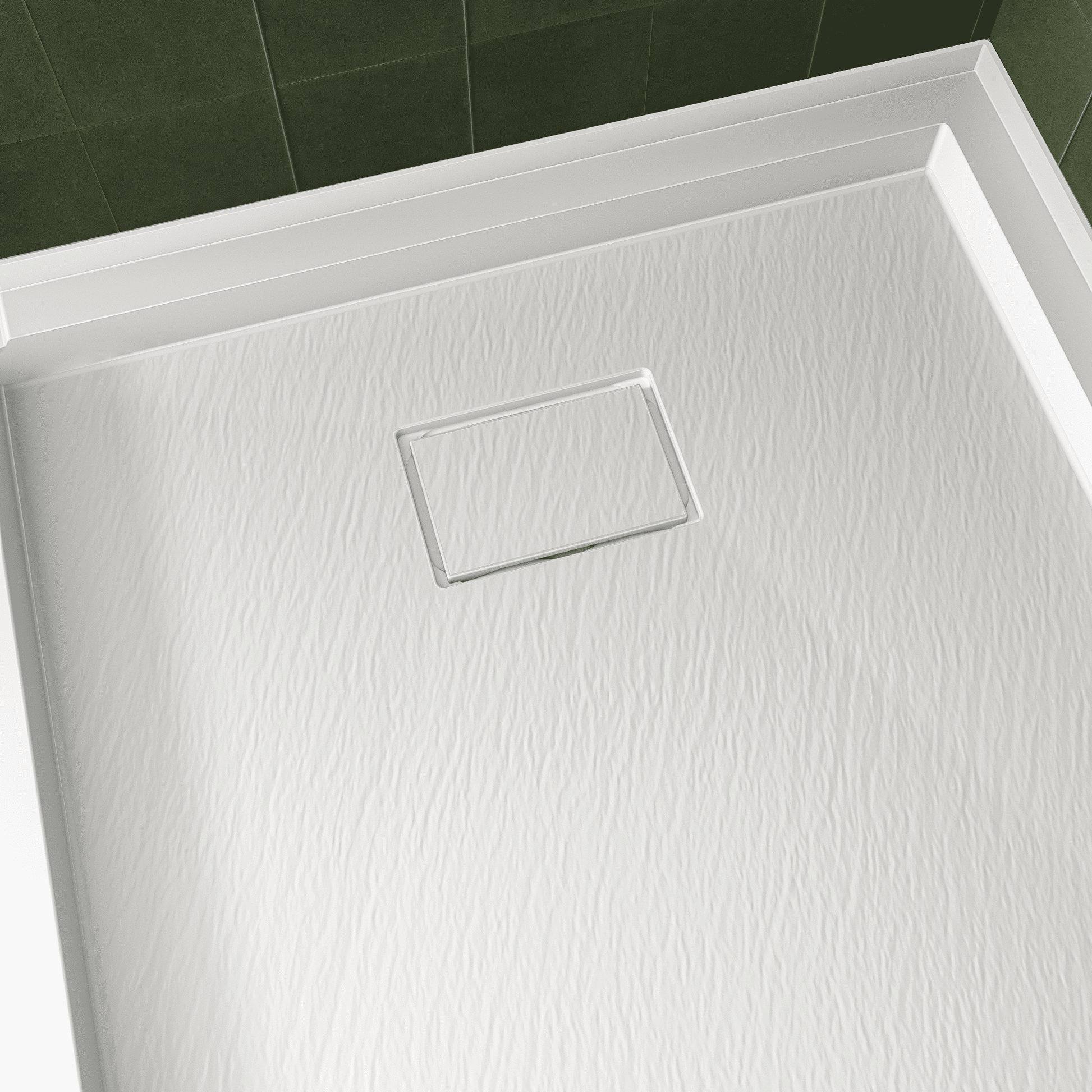 One-piece White Shower Base with Flamed Rock Slip-Resistant Surface, Left/Right Drain