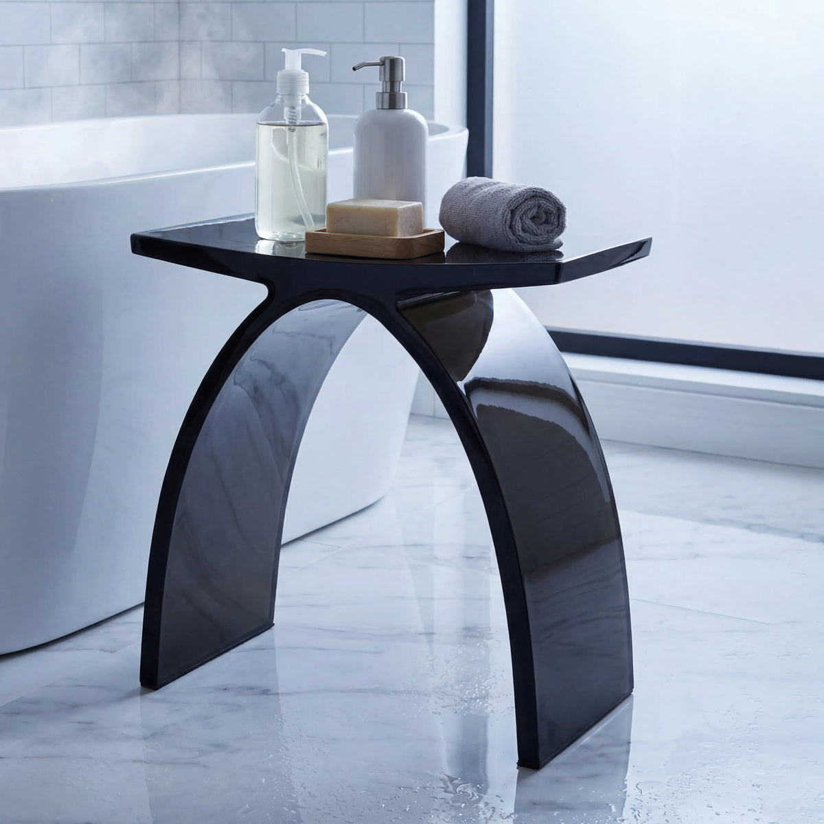 Translucent Resin Arched Solid Surface Bathroom Shower Bench in Glossy Smoke Black/Amber