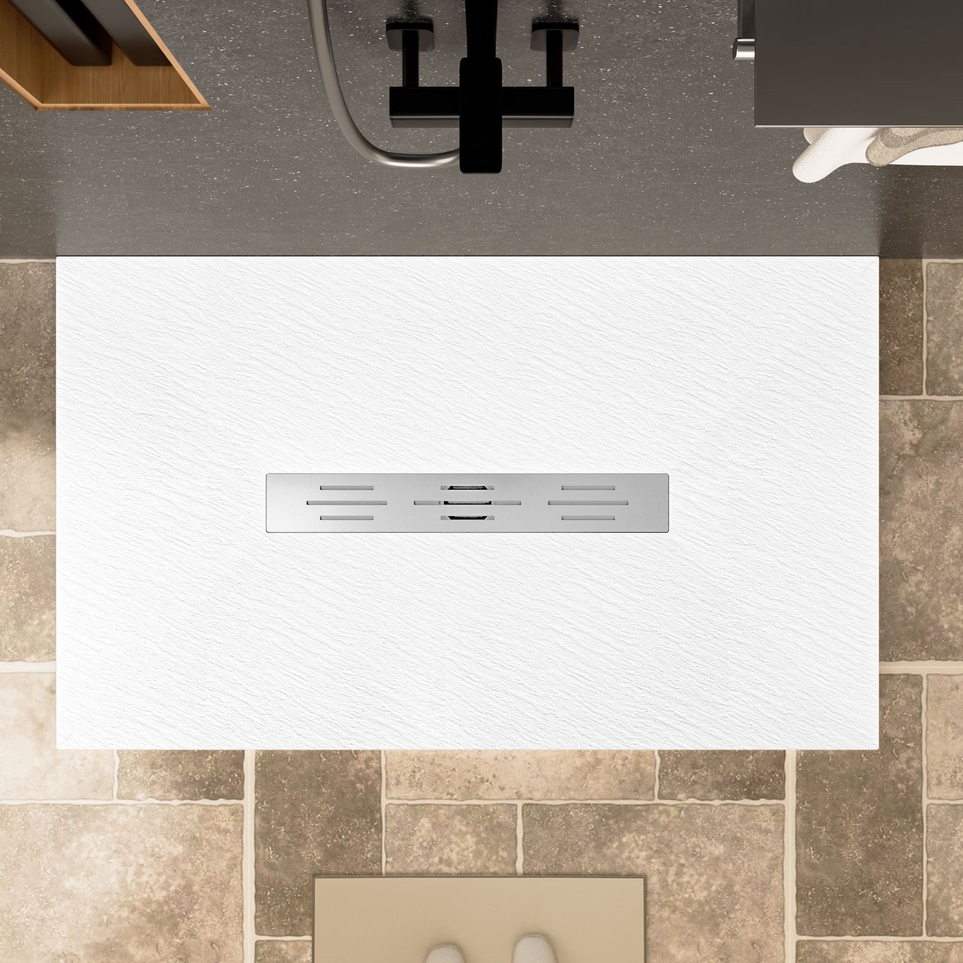 White/Calacatta Curbless SMC Shower Base with Flamed Rock Slip-Resistant Surface, Center Drain