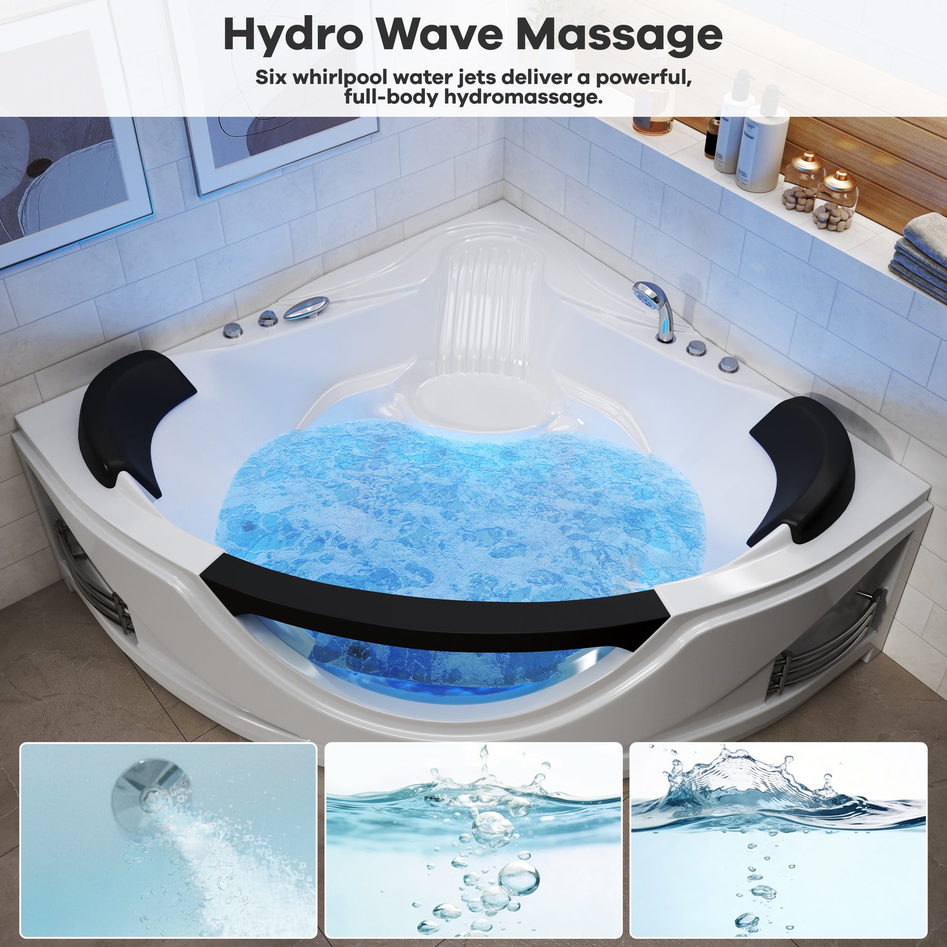 59" Corner Whirlpool Massage Bathtub for 2 Persons with Hydrotherapy Jets & LED Mood Lighting