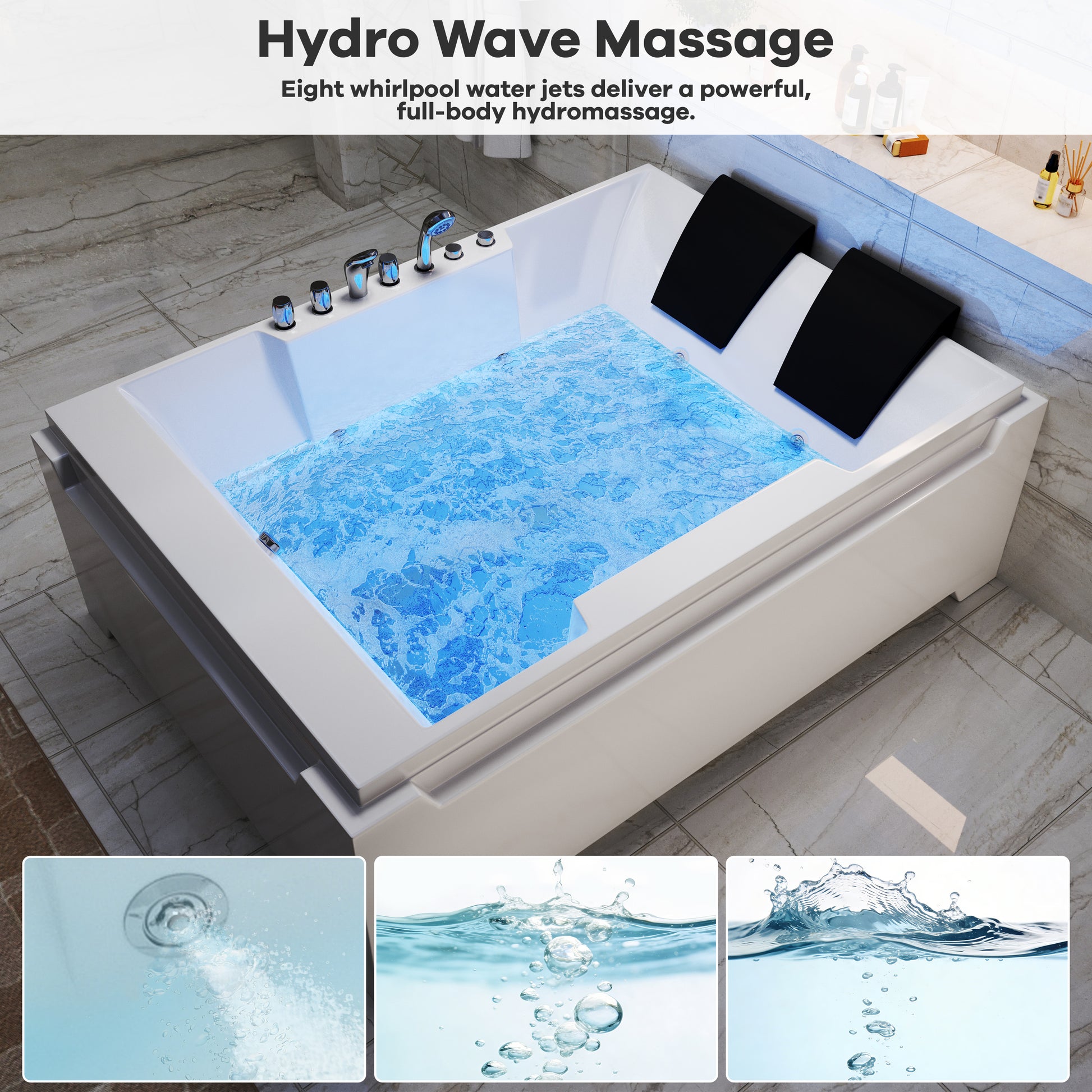 73" Two-Person Whirlpool Tub with Hydro Massage Jets & Chromotherapy Lighting