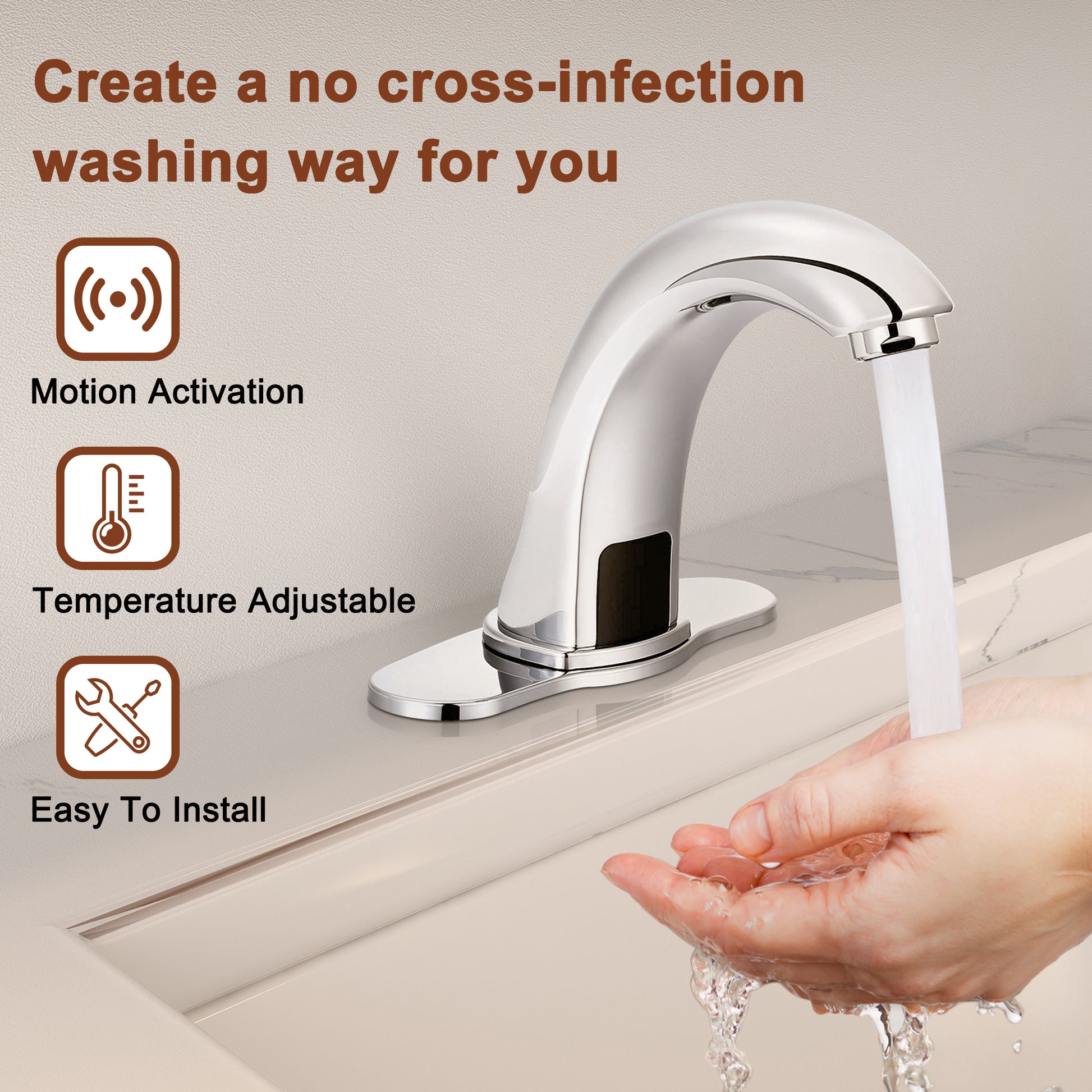 Hands-Free Touchless Bathroom Sink Faucet with Hole Cover Plate