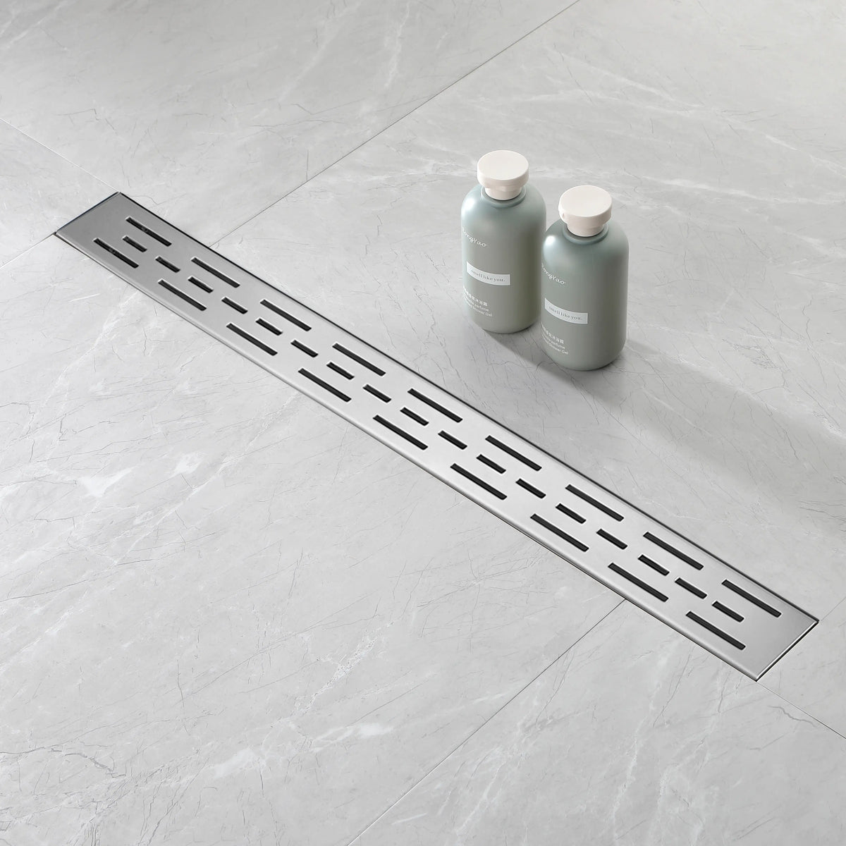 Linear Shower Drain with Brick Pattern Grate Cover and Hair Strainer in 304 Stainless Steel
