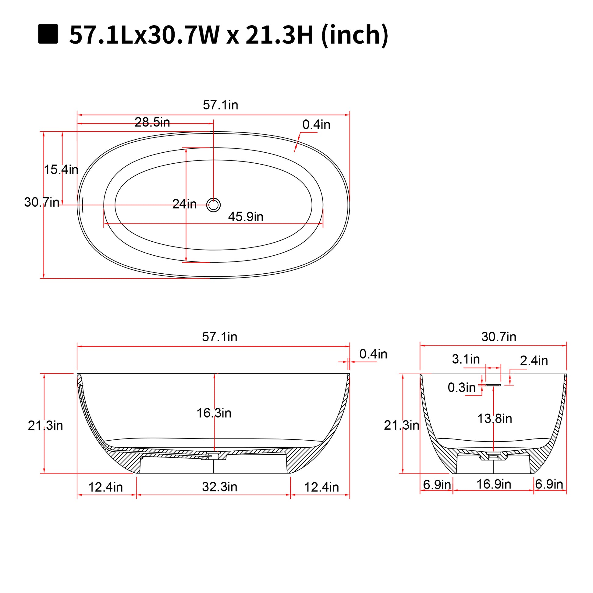 57"/61"/65"/69" Cream Grey Stone Resin Freestanding Soaking Bathtub with One-Side Overflow