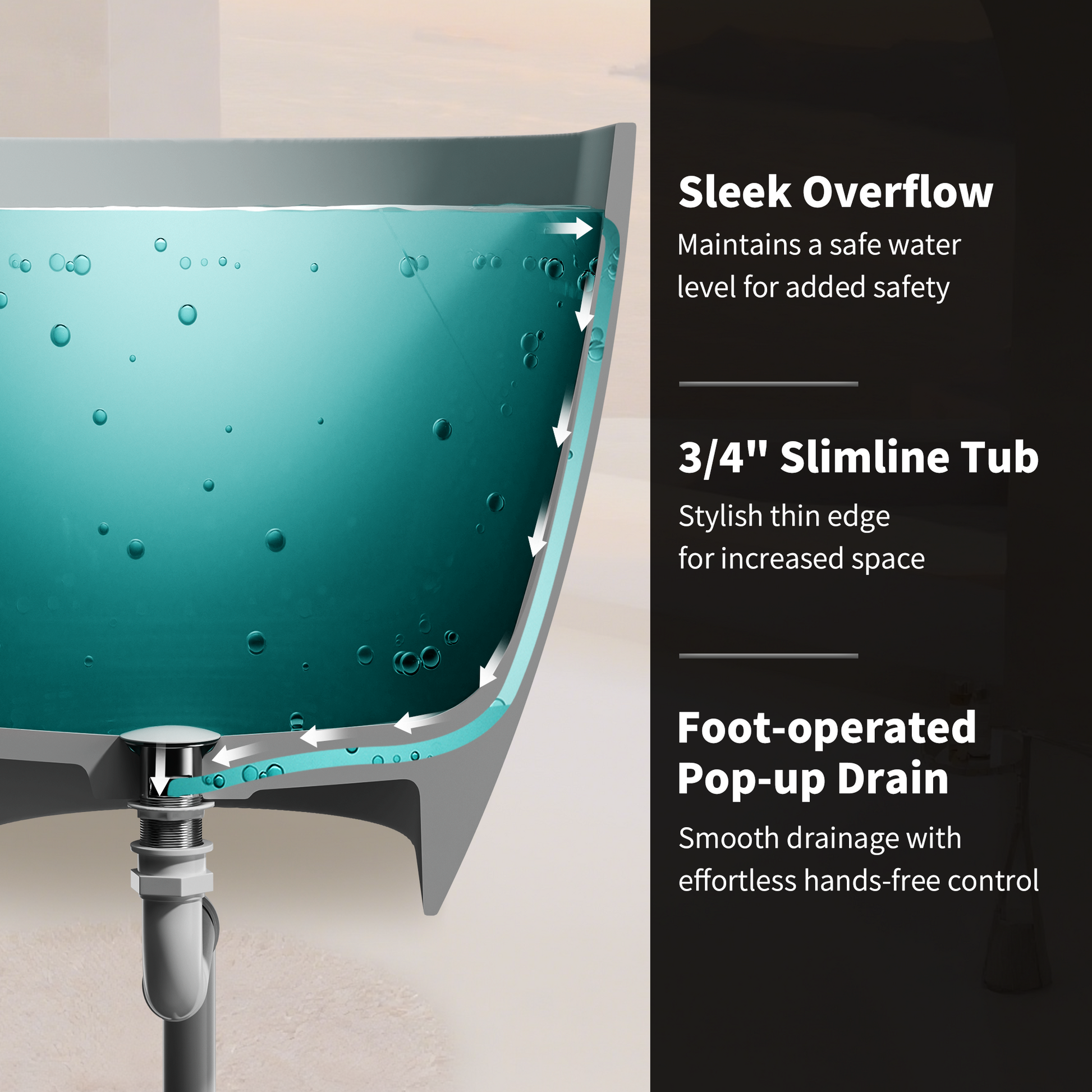 65" Freestanding Solid Surface Bathtub with Overflow, Pop-up Drain andSanding Sponge
