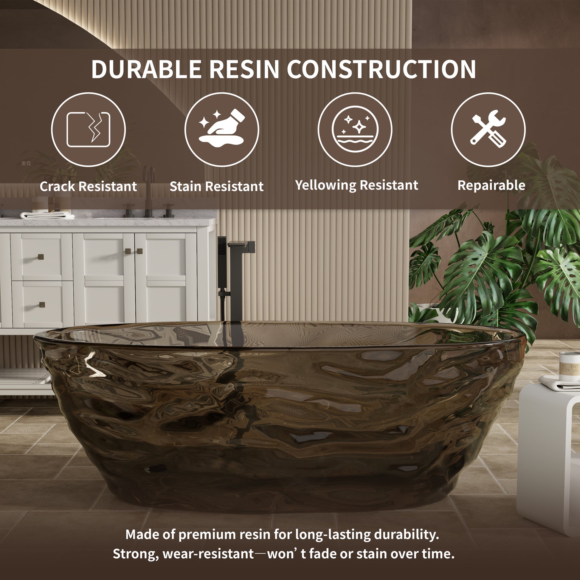 67" Contemporary Pure Resin Freestanding Soaking Bathtub with Wave Texture