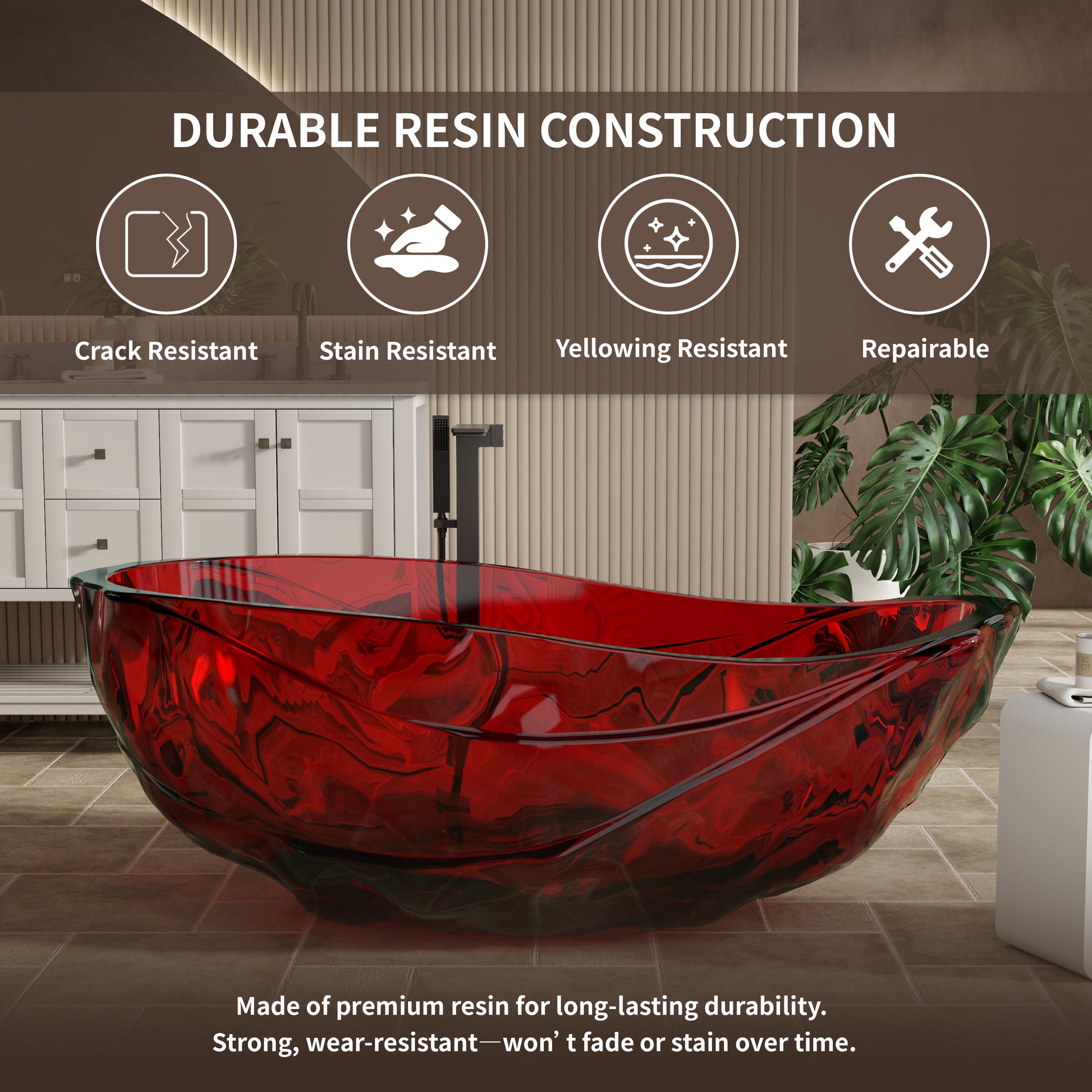 67" Flame Red Water-Ripple Freestanding Resin Soaking Tub with Center Drain