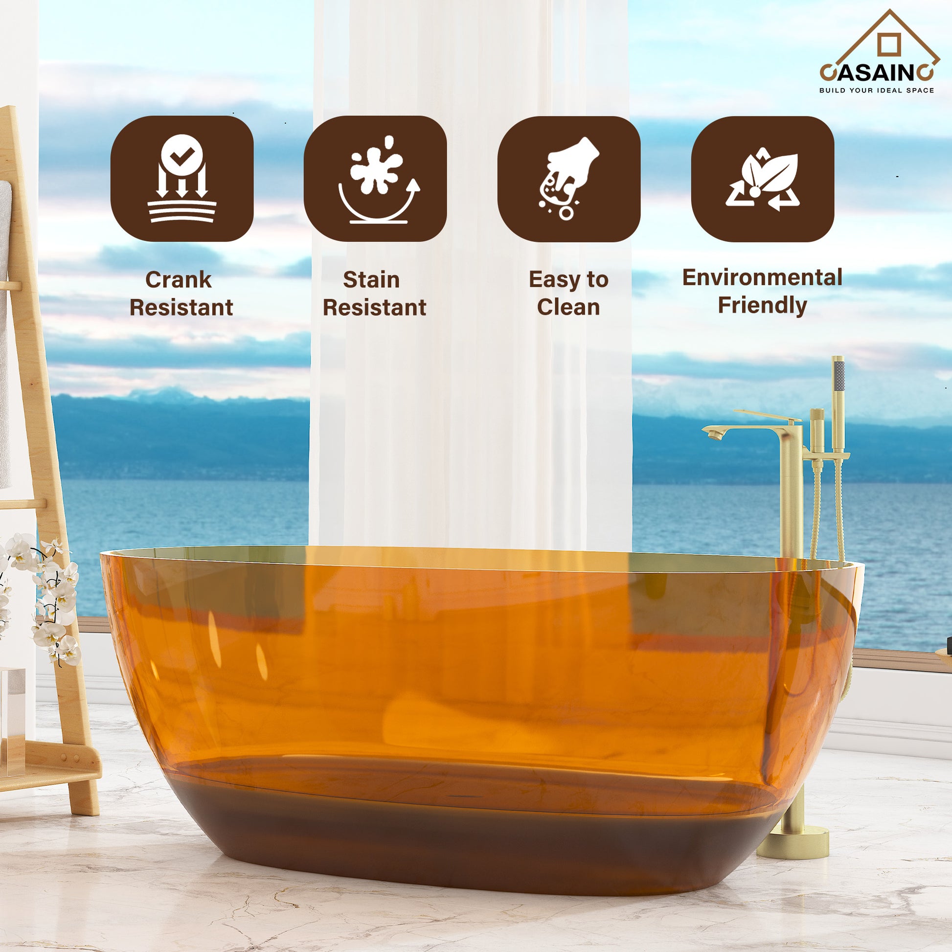 59"/67" Pure Resin Freestanding Transparent Bathtub with Center Drain