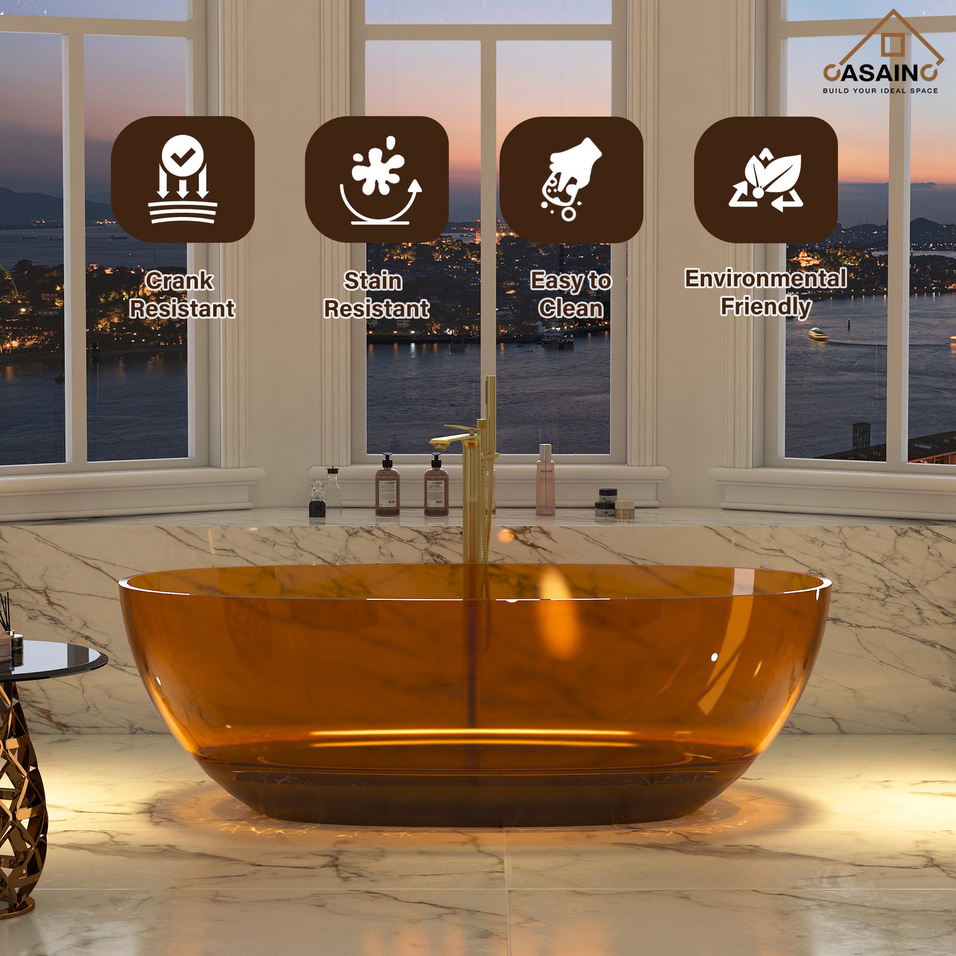 59"/67" Pure Resin Freestanding Transparent Bathtub with Center Drain