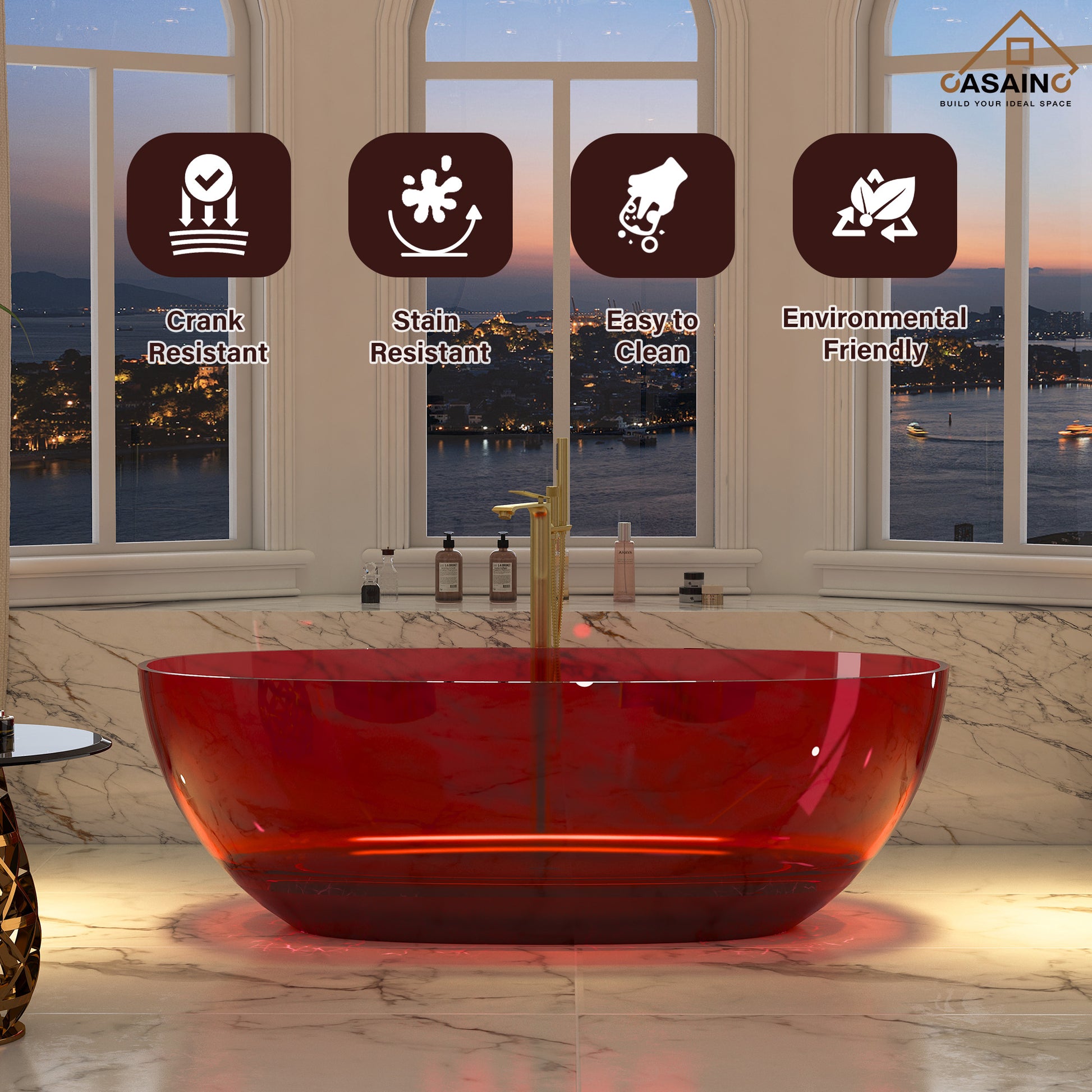 59"/67" Pure Resin Freestanding Transparent Bathtub with Center Drain
