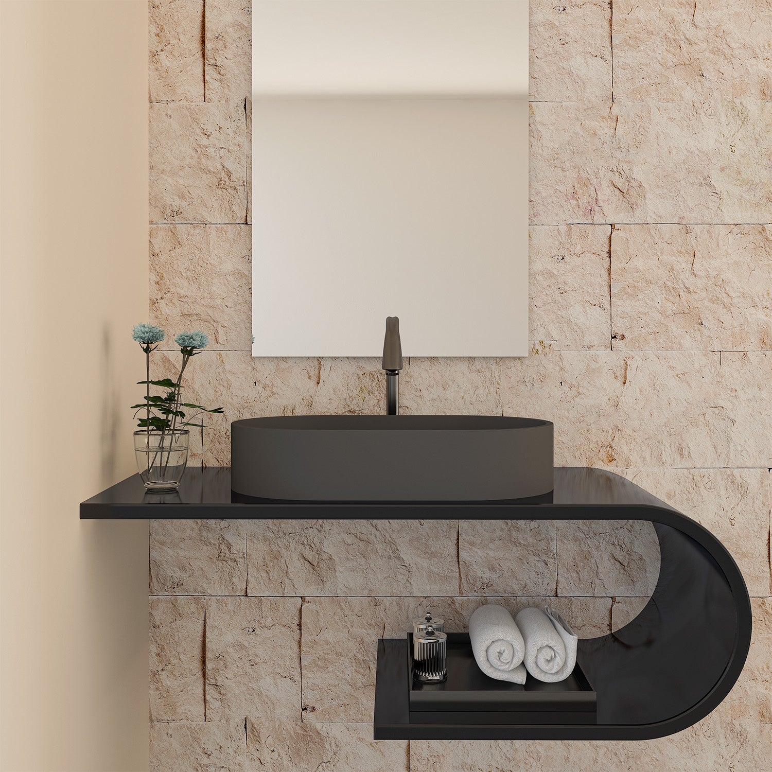 CASAINC 23in Bathroom Concrete Oval Vessel Sink with Drainer in Black Earth / Mottled Bluish Grey / Cold Concrete Grey