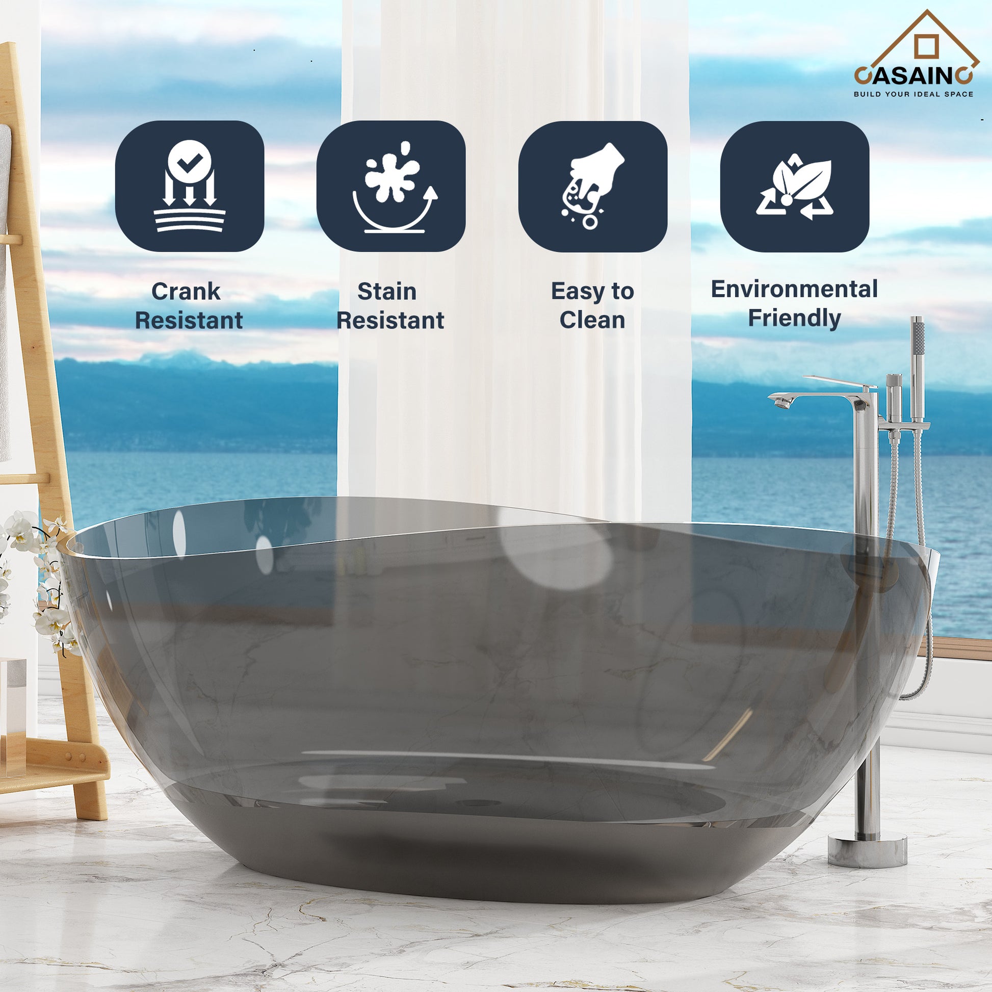63" Unique Shaped Transparent Resin Freestanding Bathtub with Central Drain