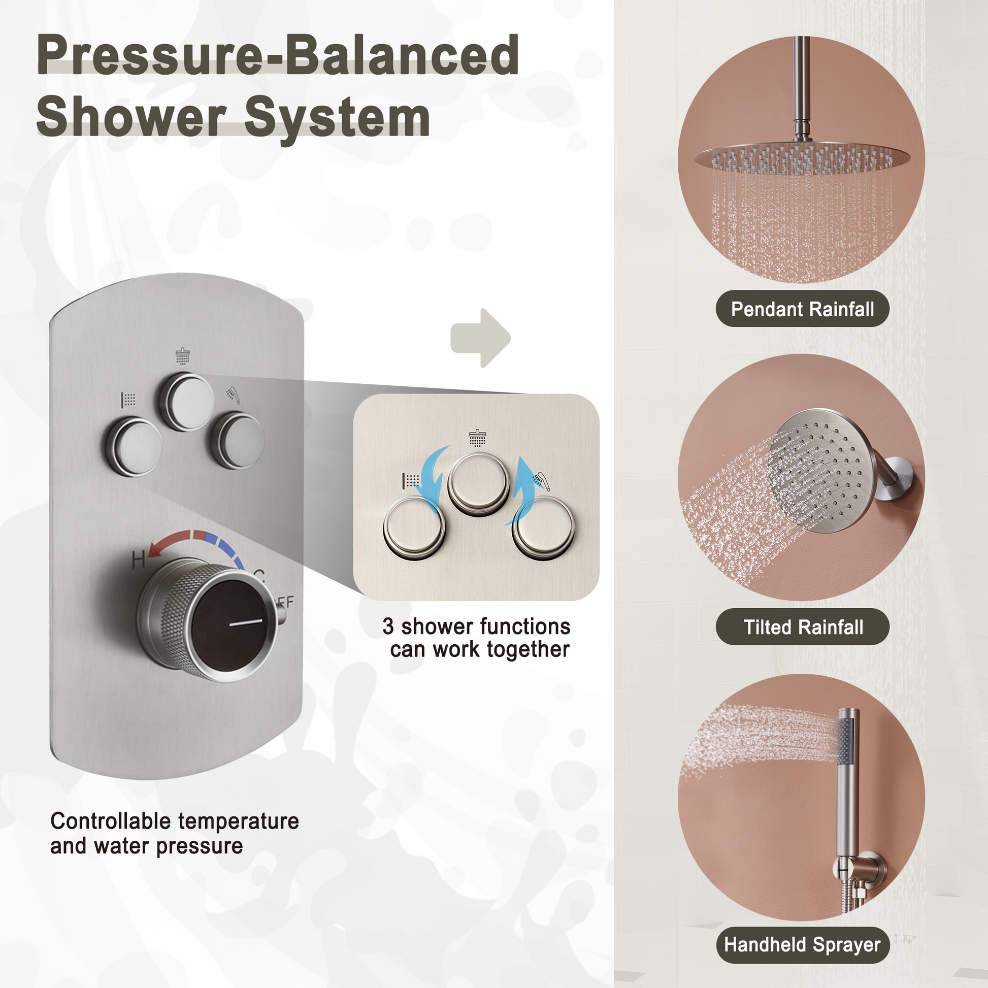 3-Function Shower System with Dual Showerheads and Balancing Valve